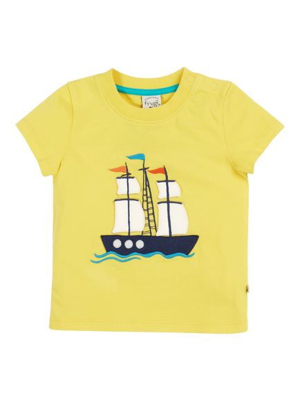 Frugi Baby Avery Organic Cotton Applique T-Shirt, Welly Yellow/Tallship, Welly Yellow/Tallship