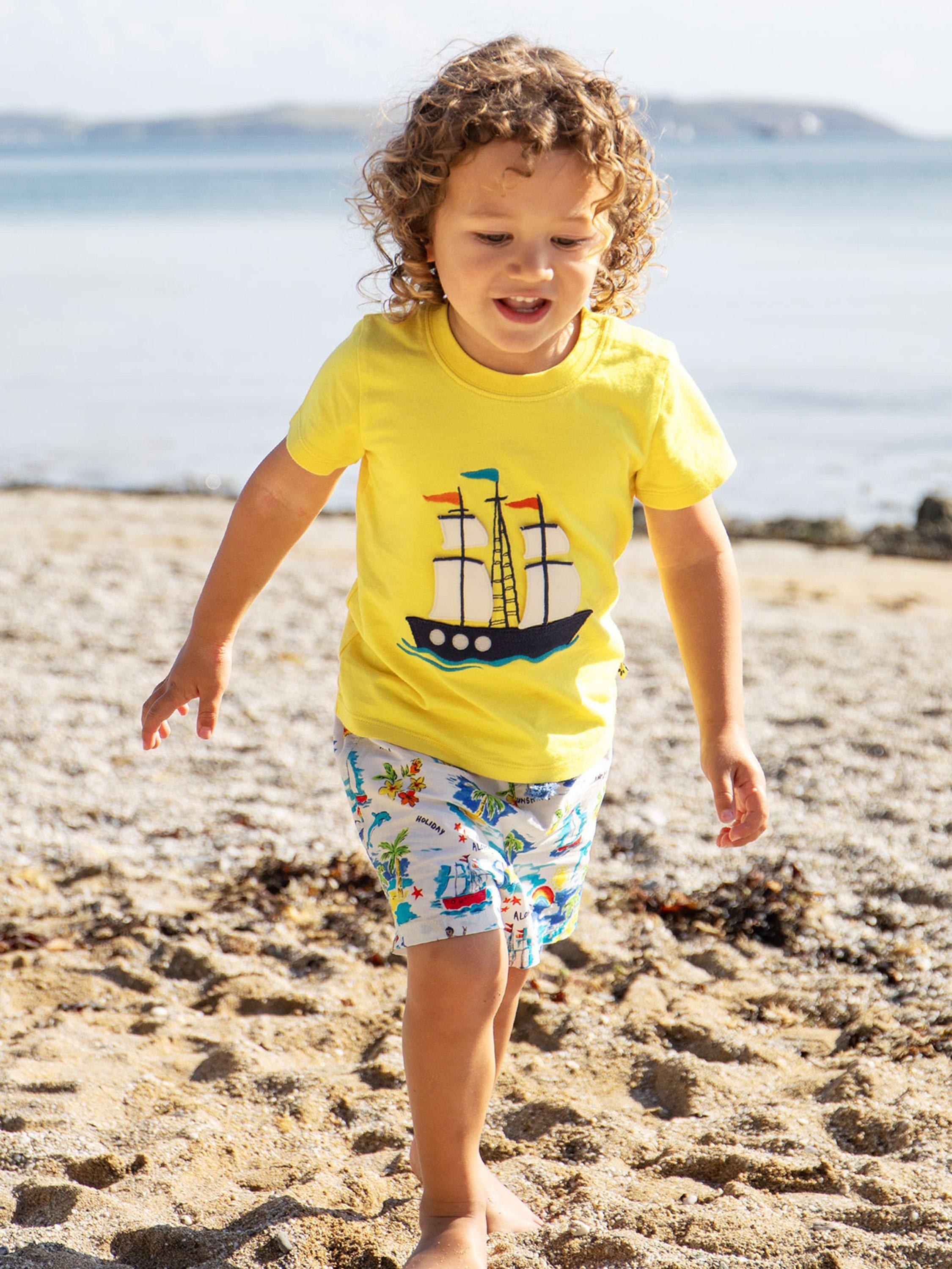 Product image 2 of 5, which shows Frugi Baby Avery Organic Cotton Applique T-Shirt, Welly Yellow/Tallship, 0-3 months