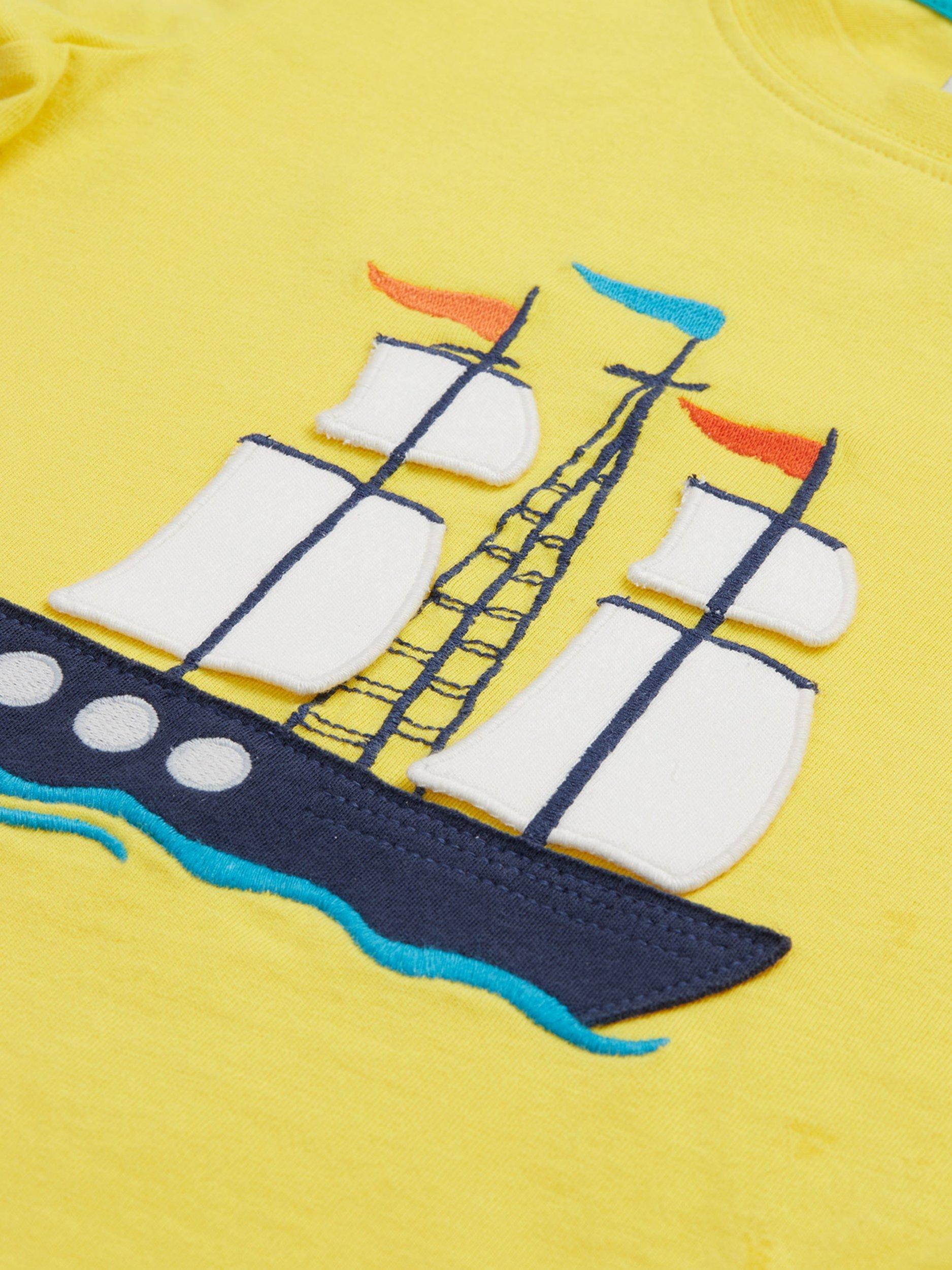 Product image 3 of 5, which shows Frugi Baby Avery Organic Cotton Applique T-Shirt, Welly Yellow/Tallship, 0-3 months
