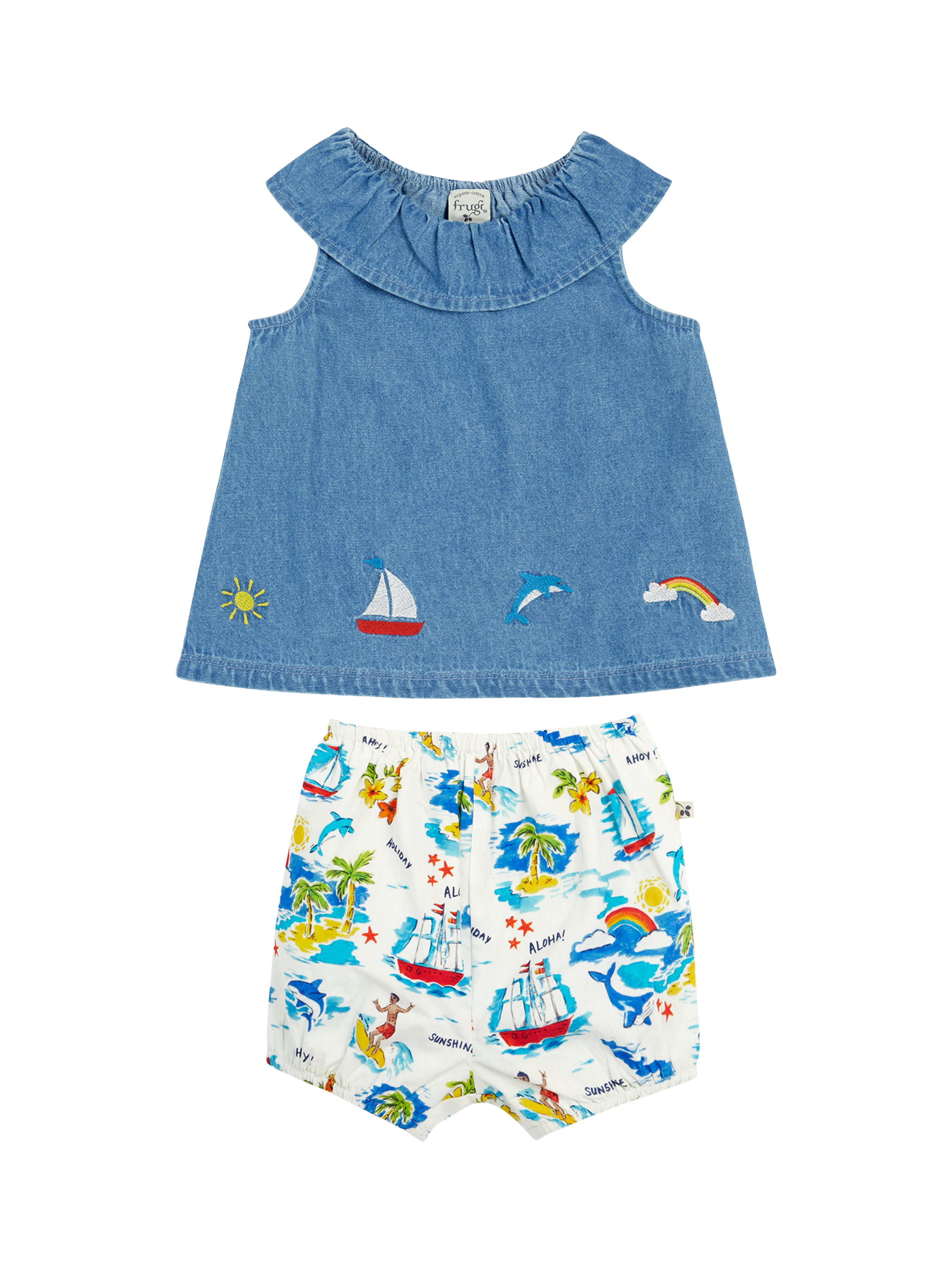 Product image 1 of 4, which shows Frugi Kids' Letty Organic Cotton Embroidered Top & Bloomer Shorts, Denim/Multi, 0-3 months