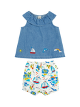 Frugi Kids' Letty Organic Cotton Embroidered Top & Bloomer Shorts, Denim/Multi