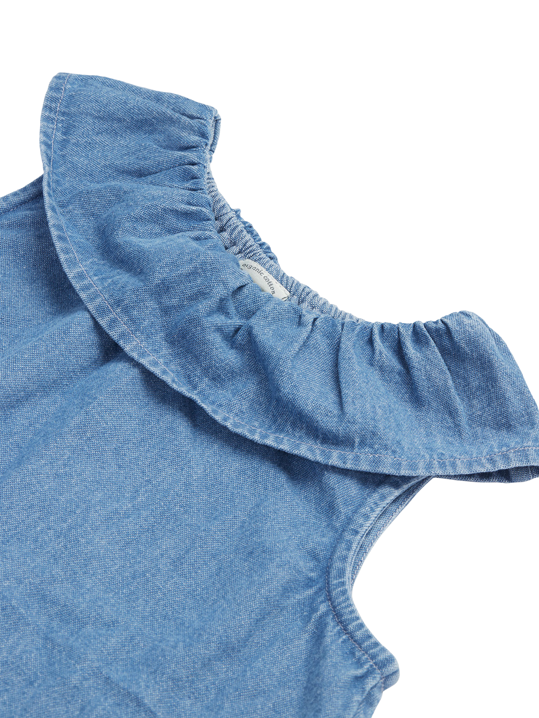 Product image 3 of 4, which shows Frugi Kids' Letty Organic Cotton Embroidered Top & Bloomer Shorts, Denim/Multi, 0-3 months