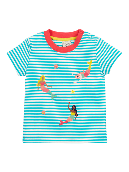 Frugi Baby Ennis Organic Cotton Stripe Embroidered T-Shirt, Moss Stripe/Mermaids, Moss Stripe/Mermaids
