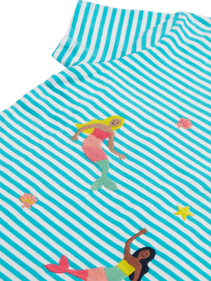 Frugi Baby Ennis Organic Cotton Stripe Embroidered T-Shirt, Moss Stripe/Mermaids - view 2, Moss Stripe/Mermaids