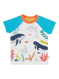 Frugi Baby Reid Organic Cotton Raglan Sleeve T-Shirt, Soft White/Sea Life