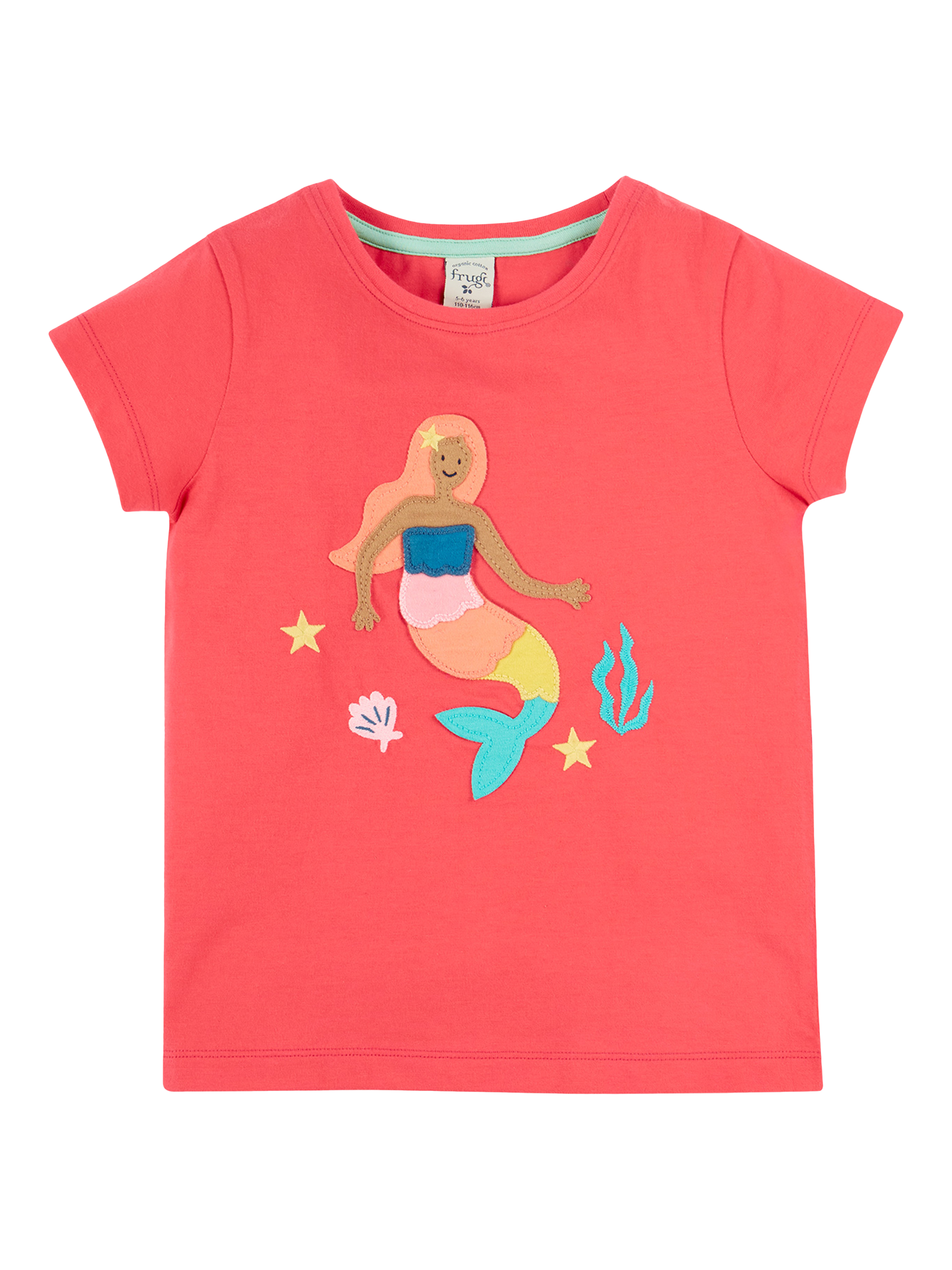 Product image 1 of 3, which shows Frugi Kids' Tamara Organic Cotton Mermaid Applique T-Shirt, Pink, 2-3 years