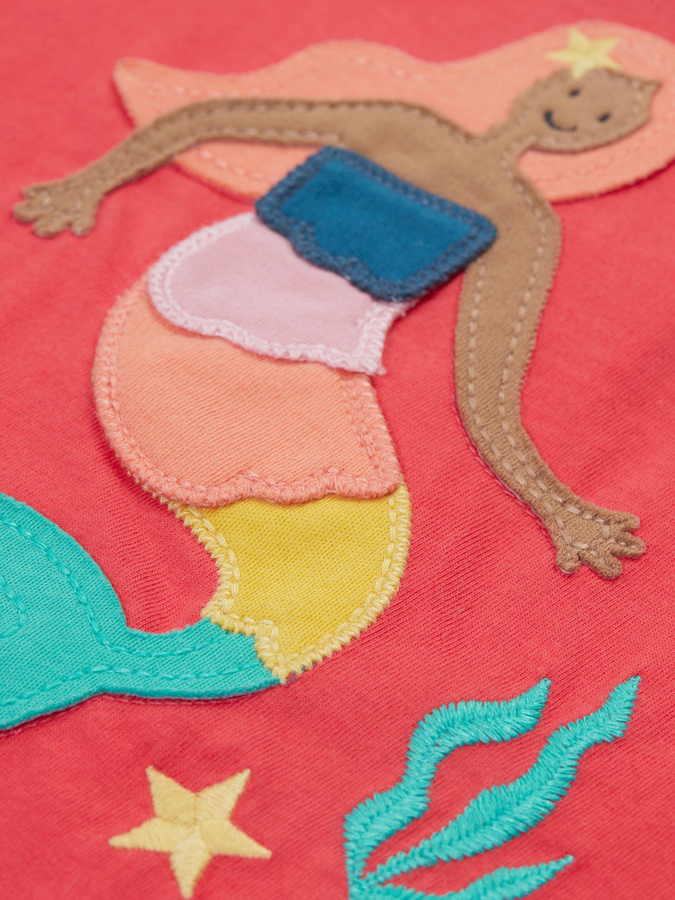 Product image 2 of 3, which shows Frugi Kids' Tamara Organic Cotton Mermaid Applique T-Shirt, Pink, 2-3 years