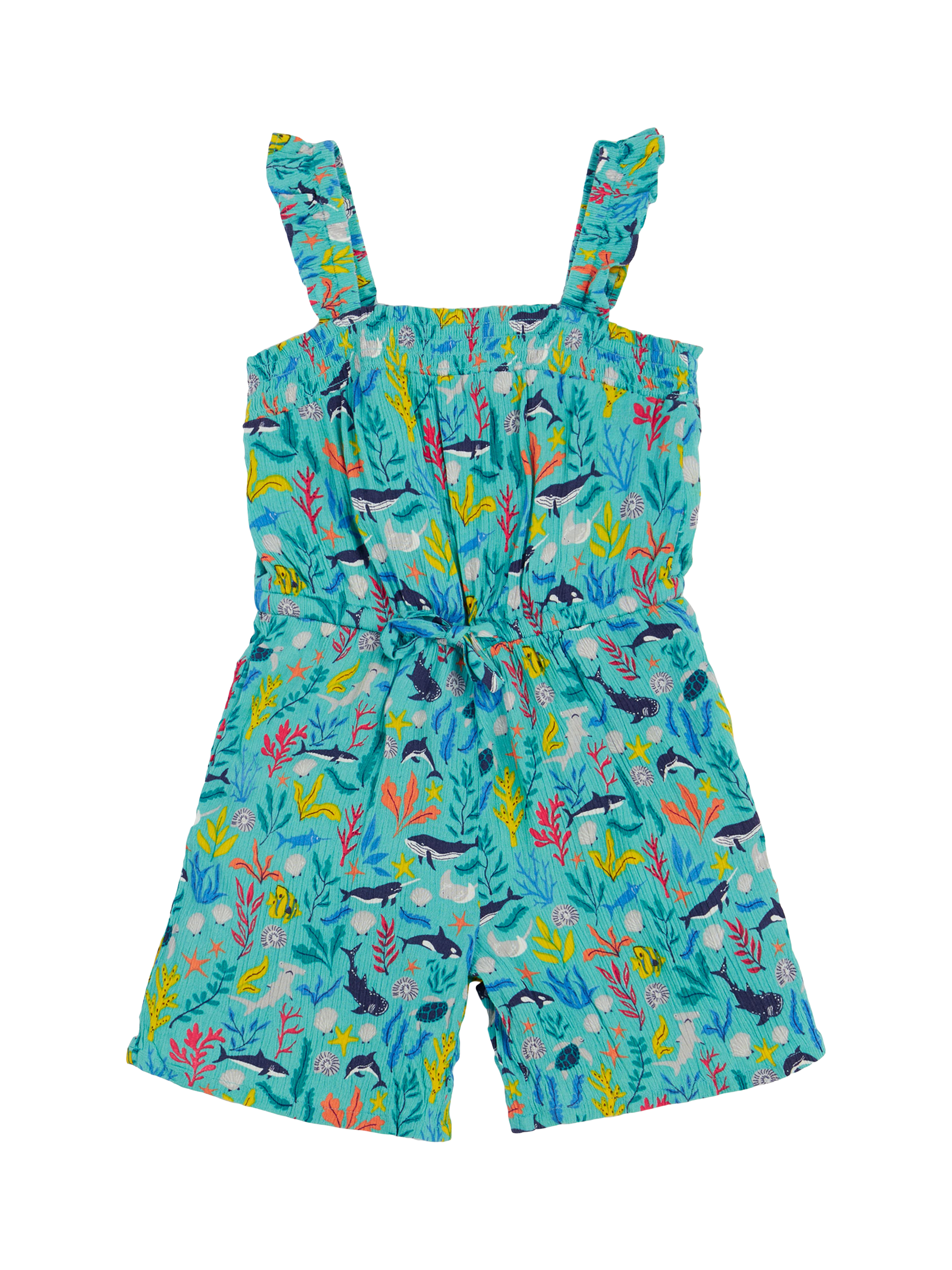 Product image 1 of 5, which shows Frugi Kids'  Annabelle Square Neck Shortie Jumpsuit, Sea Life, 2-3 years