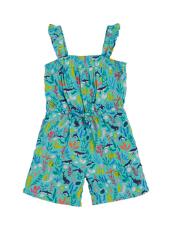 Frugi Kids'  Annabelle Square Neck Shortie Jumpsuit, Sea Life, Sea Life