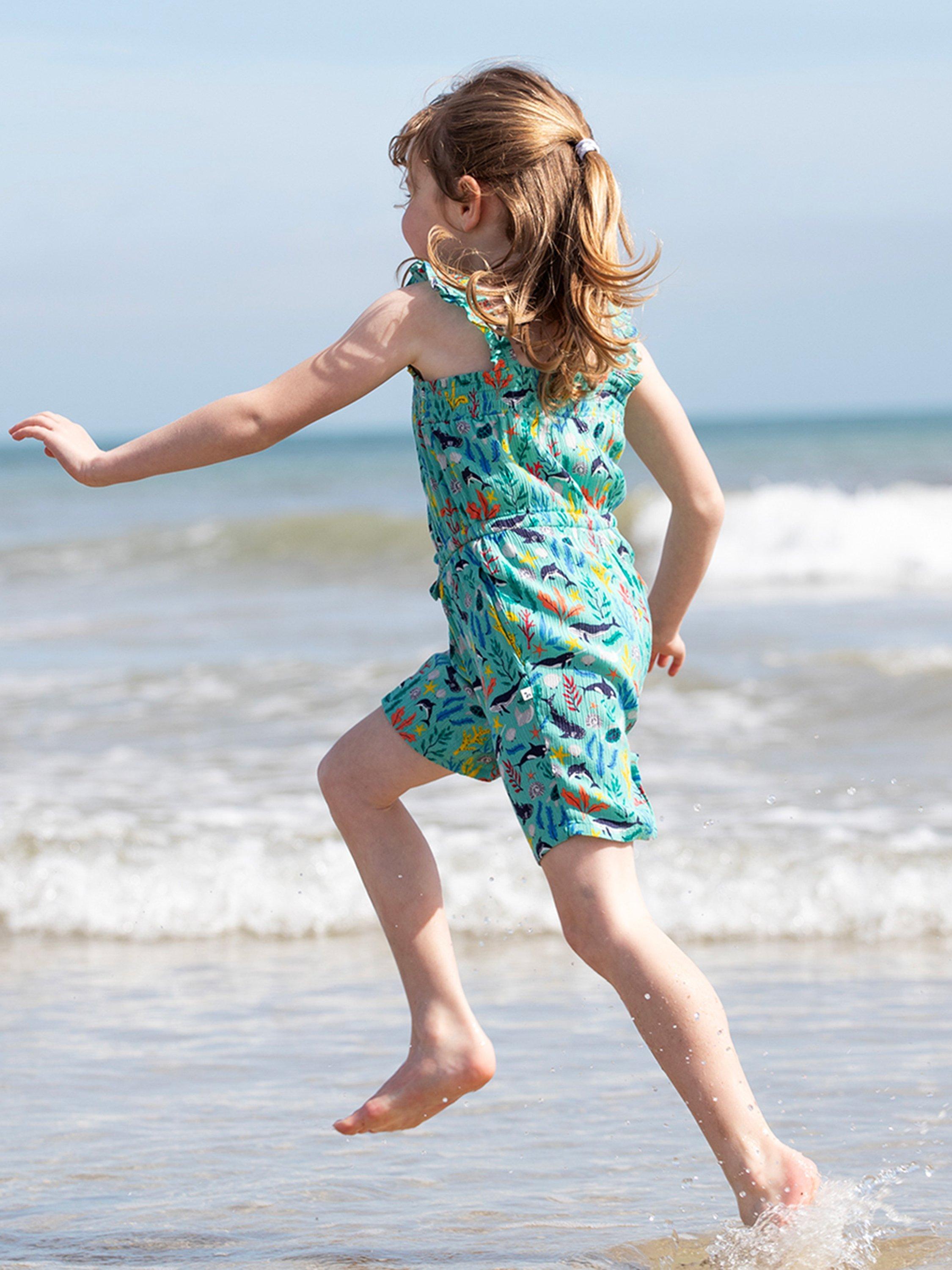 Product image 2 of 5, which shows Frugi Kids'  Annabelle Square Neck Shortie Jumpsuit, Sea Life, 2-3 years