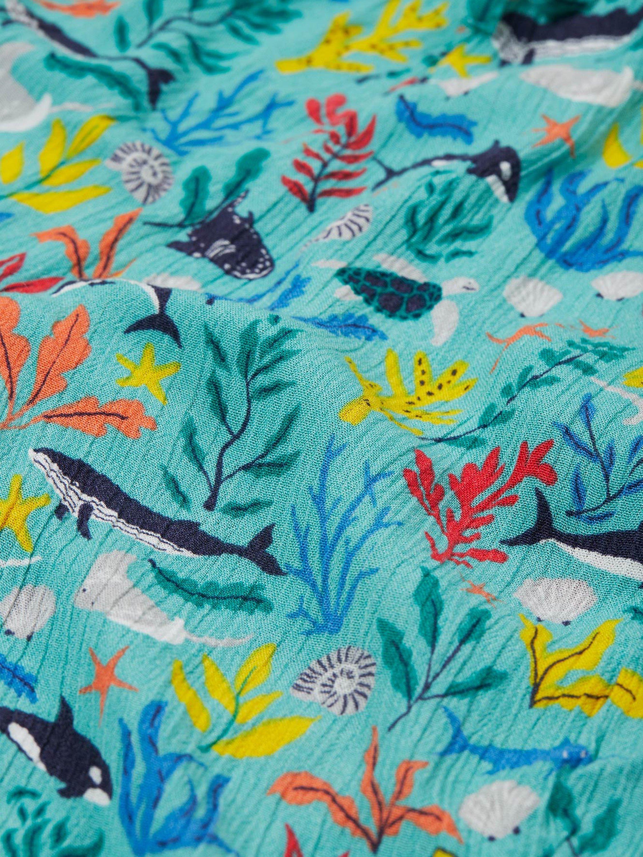 Product image 5 of 5, which shows Frugi Kids'  Annabelle Square Neck Shortie Jumpsuit, Sea Life, 2-3 years