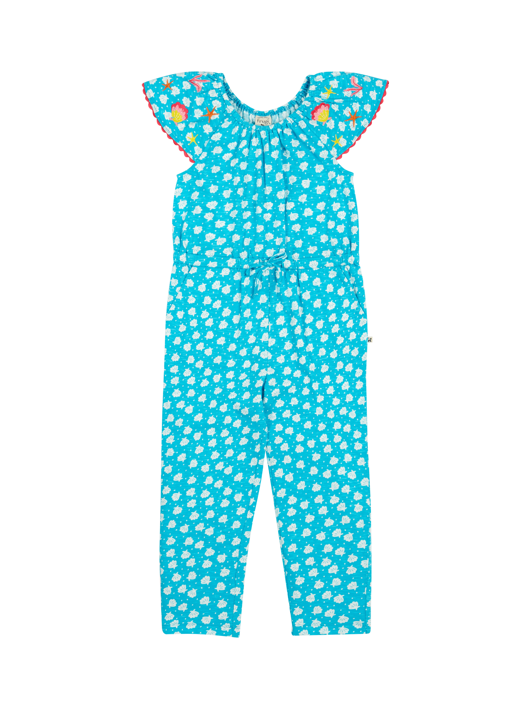 Product image 2 of 7, which shows Frugi Kids' Geneva Organic Cotton Sea Shell Print Jumpsuit, Blue, 2-3 years