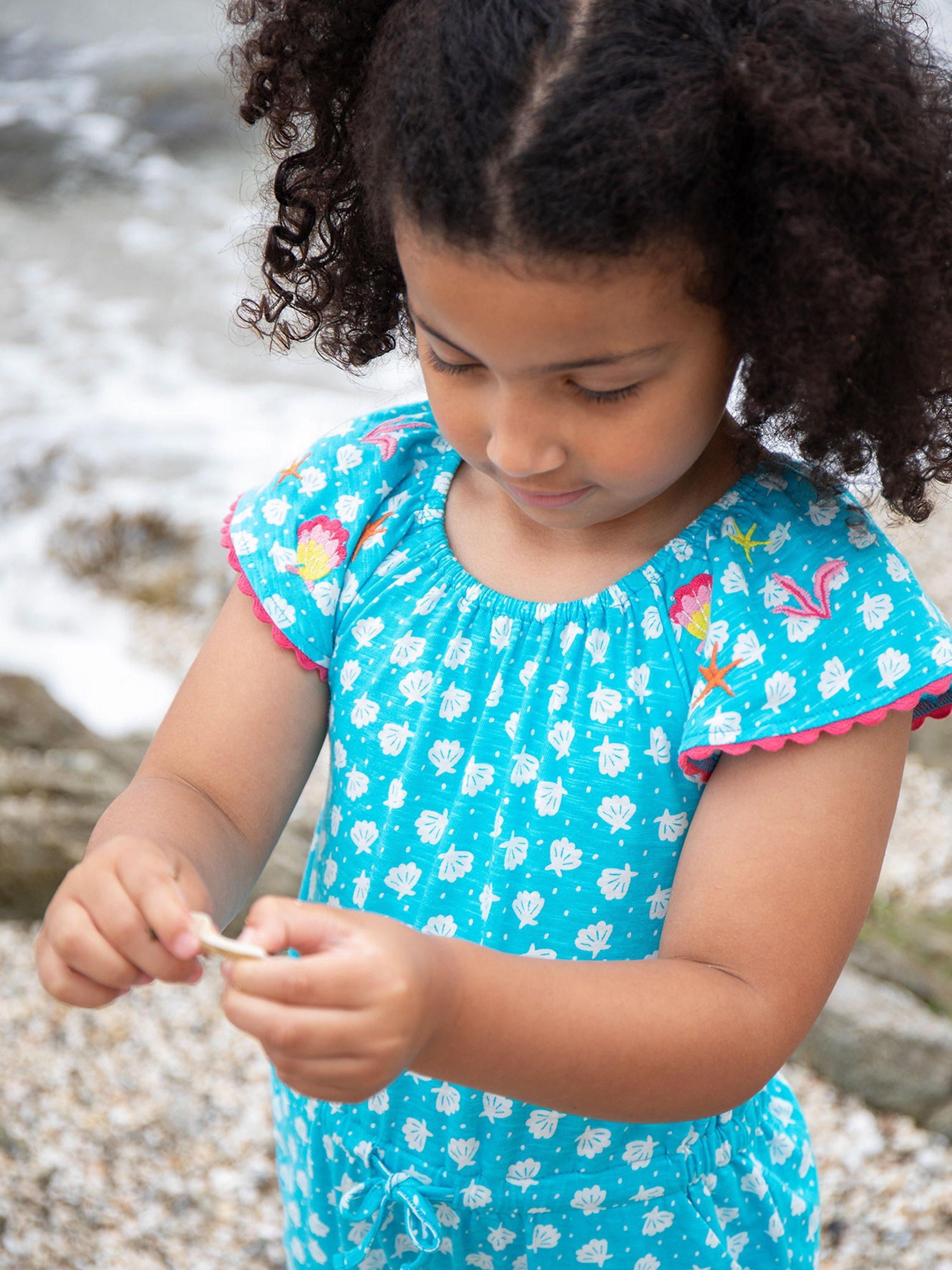 Product image 3 of 7, which shows Frugi Kids' Geneva Organic Cotton Sea Shell Print Jumpsuit, Blue, 2-3 years