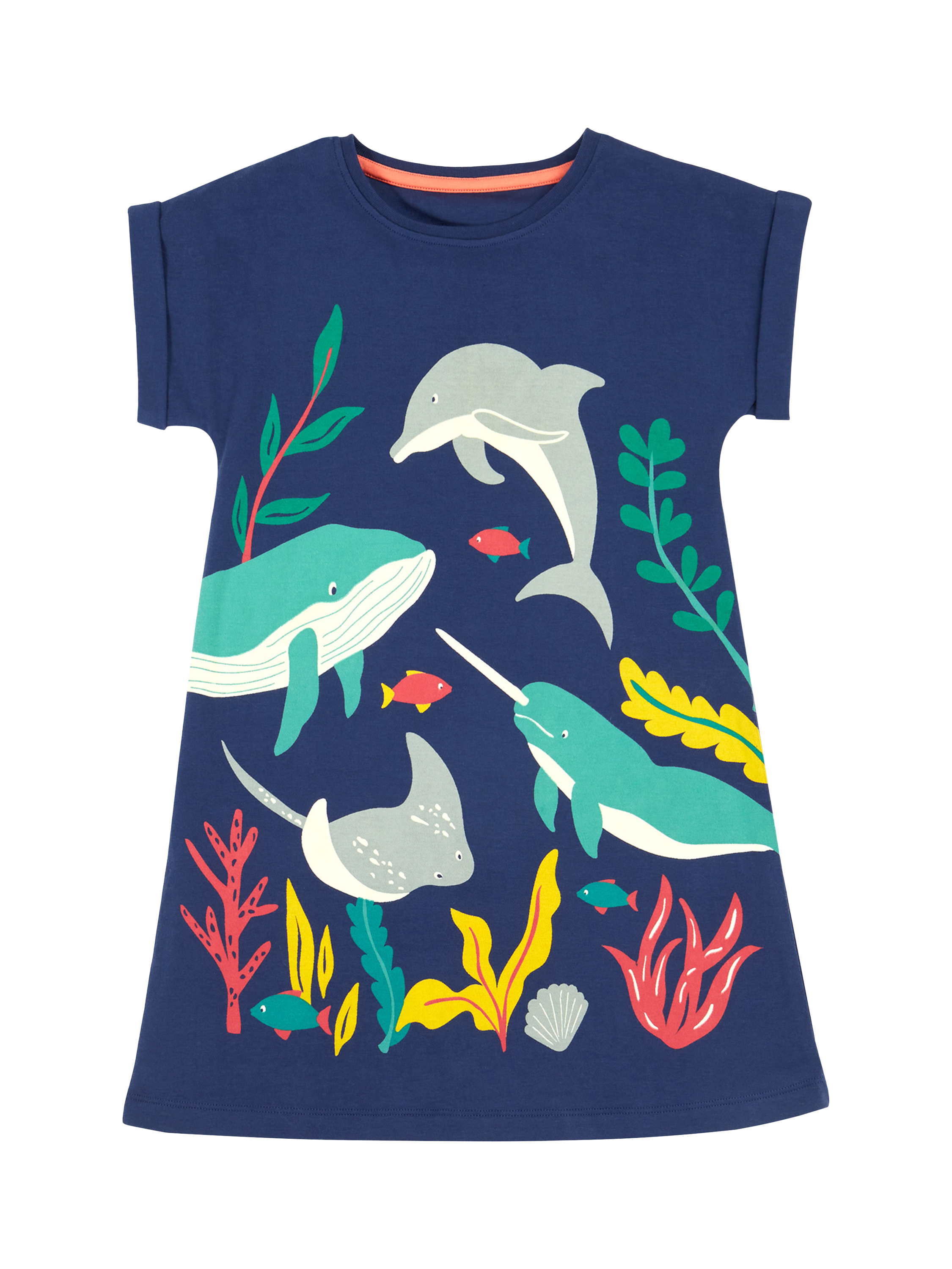 Product image 1 of 4, which shows Frugi Kids' Bonnie Organic Cotton Dress , Navy Blue/Sealife, 2-3 years