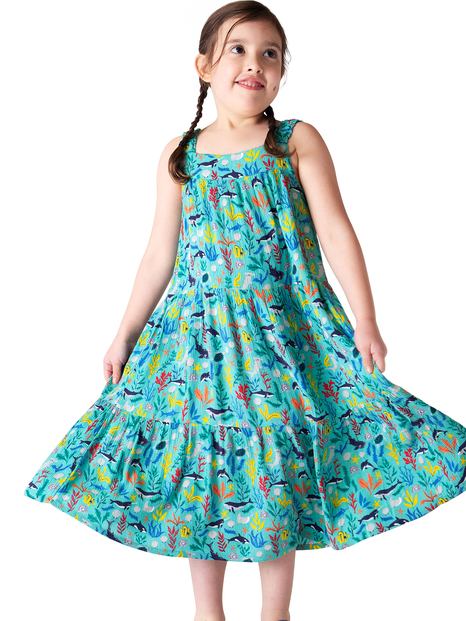 Product image 1 of 5, which shows Frugi Kids' Alani Tiered Dress, Sea Life, 2-3 years