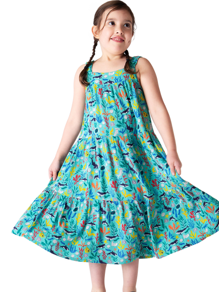 Frugi Kids' Alani Tiered Dress, Sea Life, Sea Life