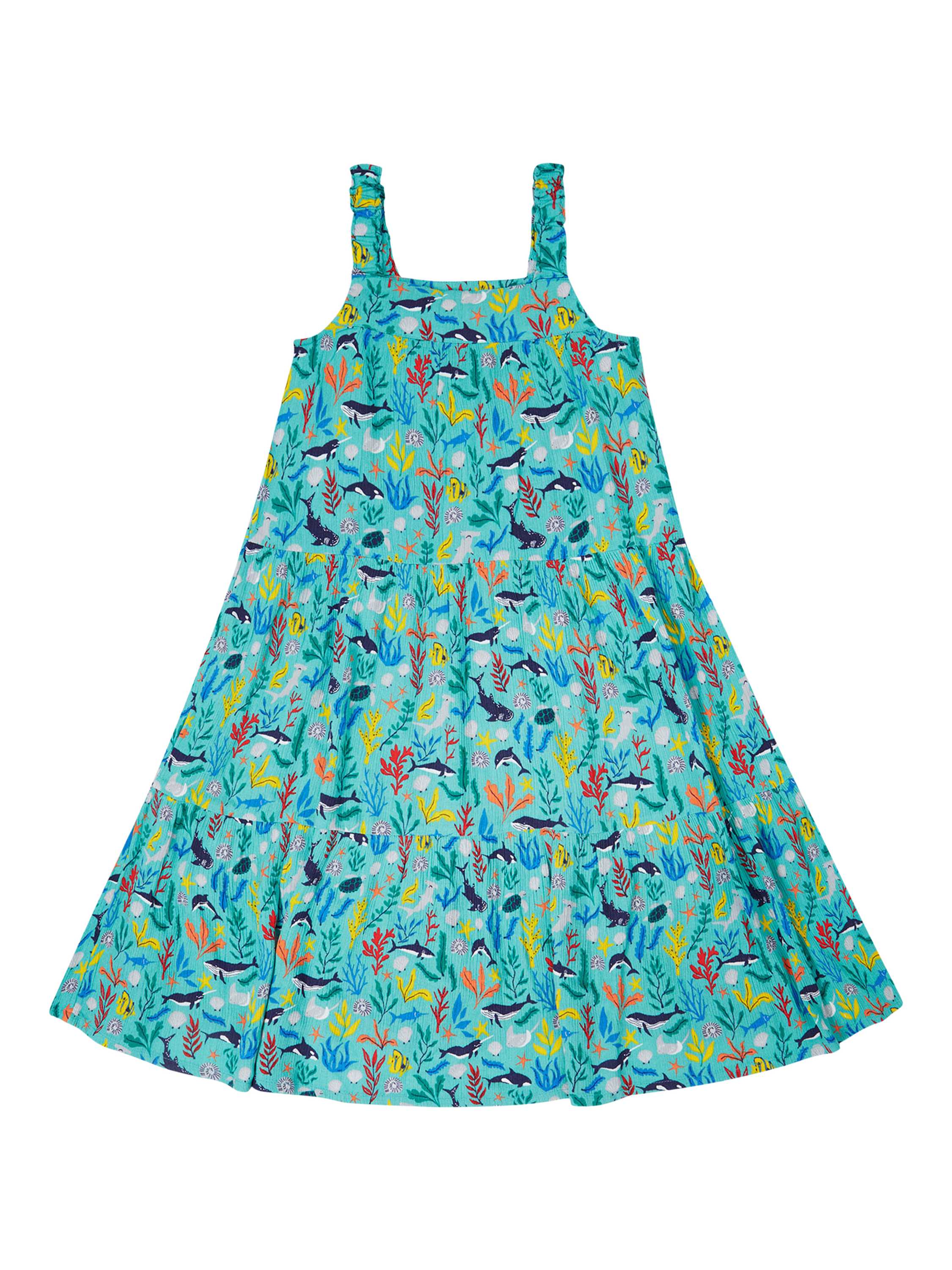 Product image 2 of 5, which shows Frugi Kids' Alani Tiered Dress, Sea Life, 2-3 years