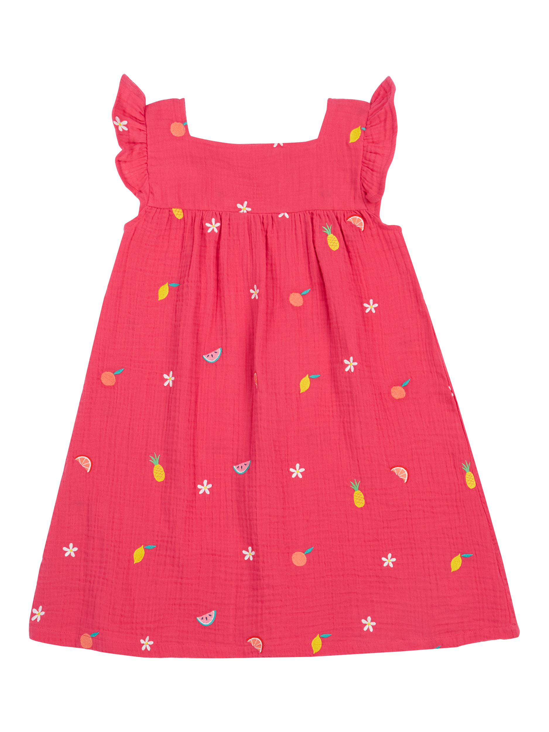 Product image 1 of 5, which shows Frugi Kids' Asha Organic Cotton Embroidered Dress , Petal/Fruit, 2-3 years