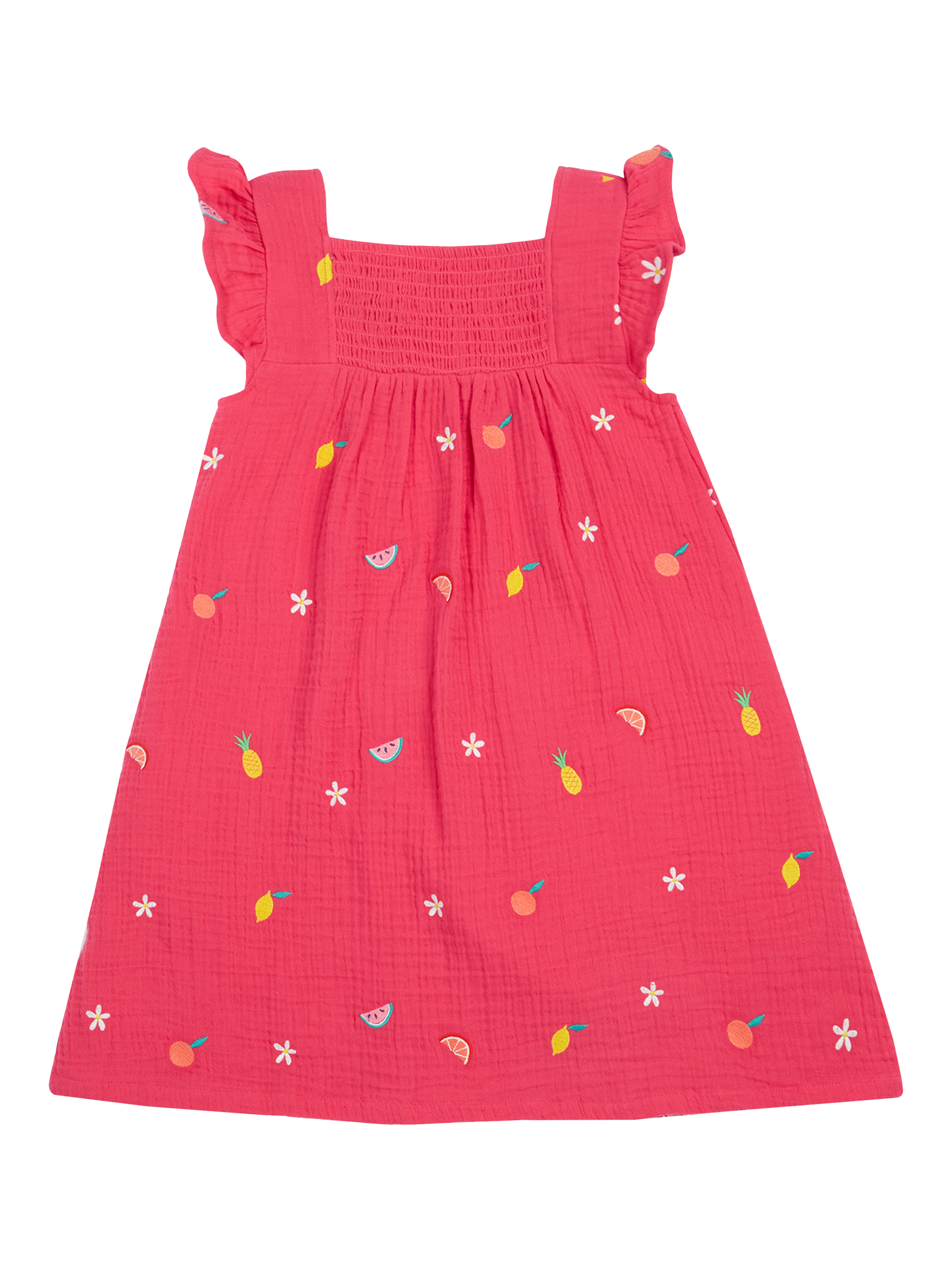 Product image 2 of 5, which shows Frugi Kids' Asha Organic Cotton Embroidered Dress , Petal/Fruit, 2-3 years