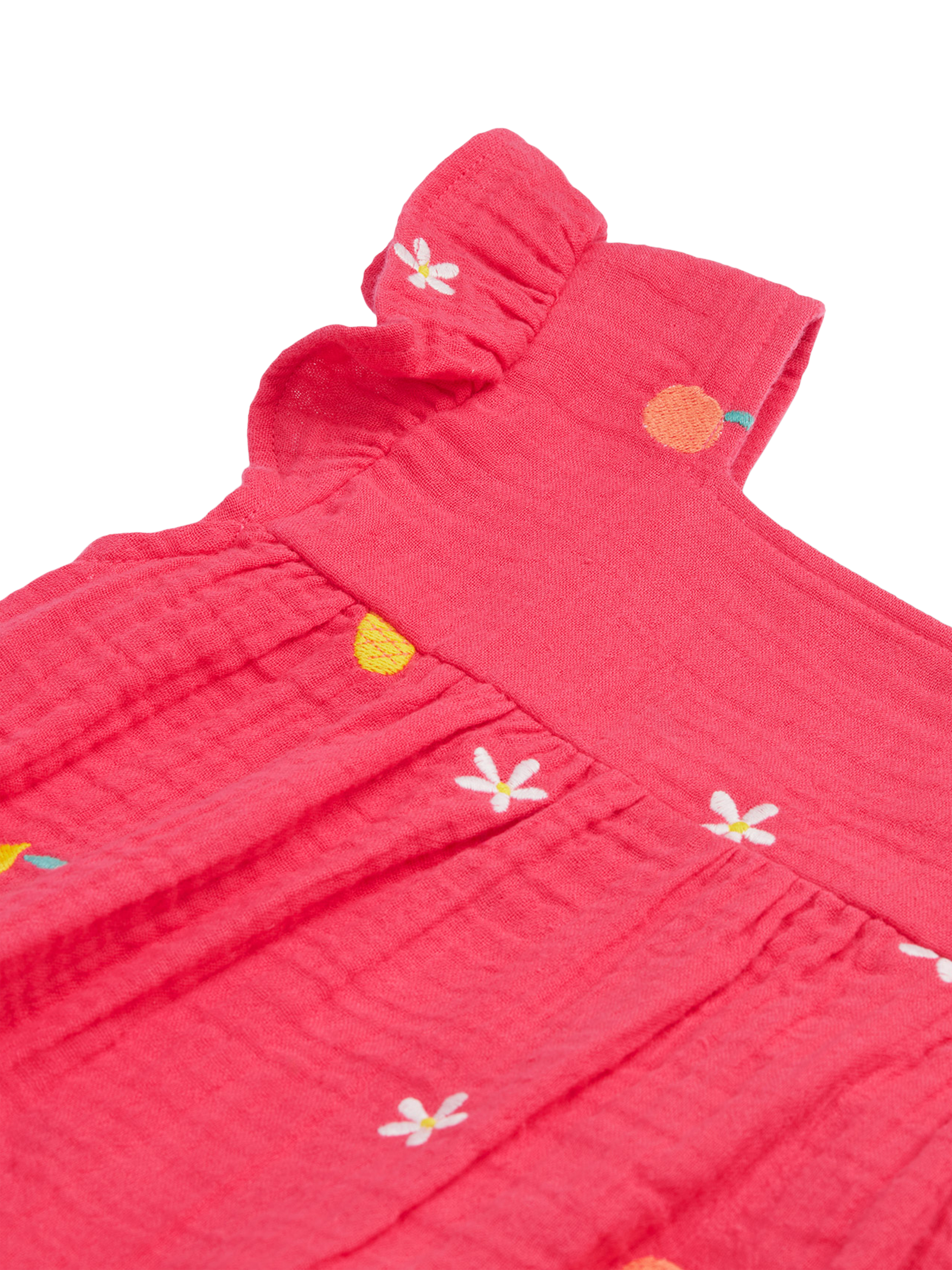 Product image 3 of 5, which shows Frugi Kids' Asha Organic Cotton Embroidered Dress , Petal/Fruit, 2-3 years
