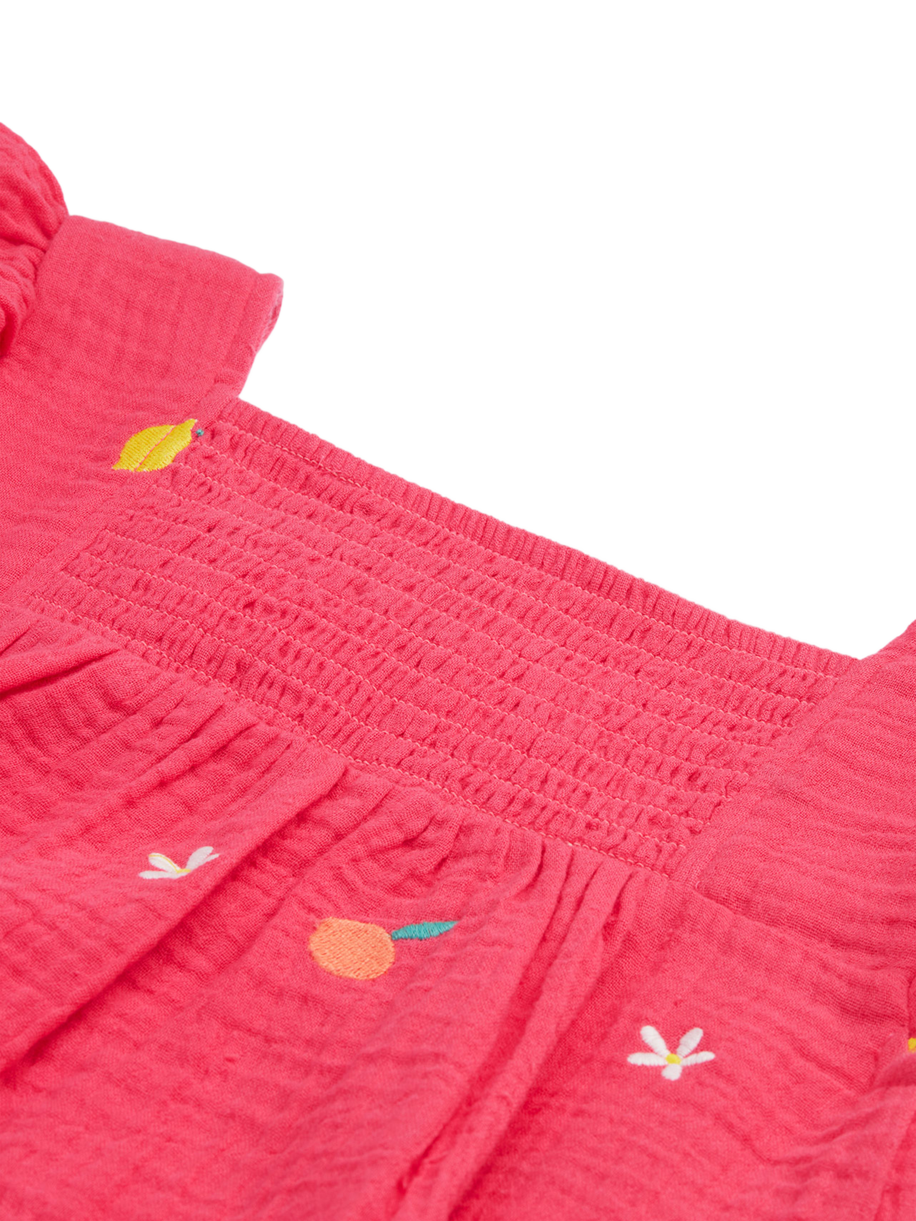 Product image 4 of 5, which shows Frugi Kids' Asha Organic Cotton Embroidered Dress , Petal/Fruit, 2-3 years