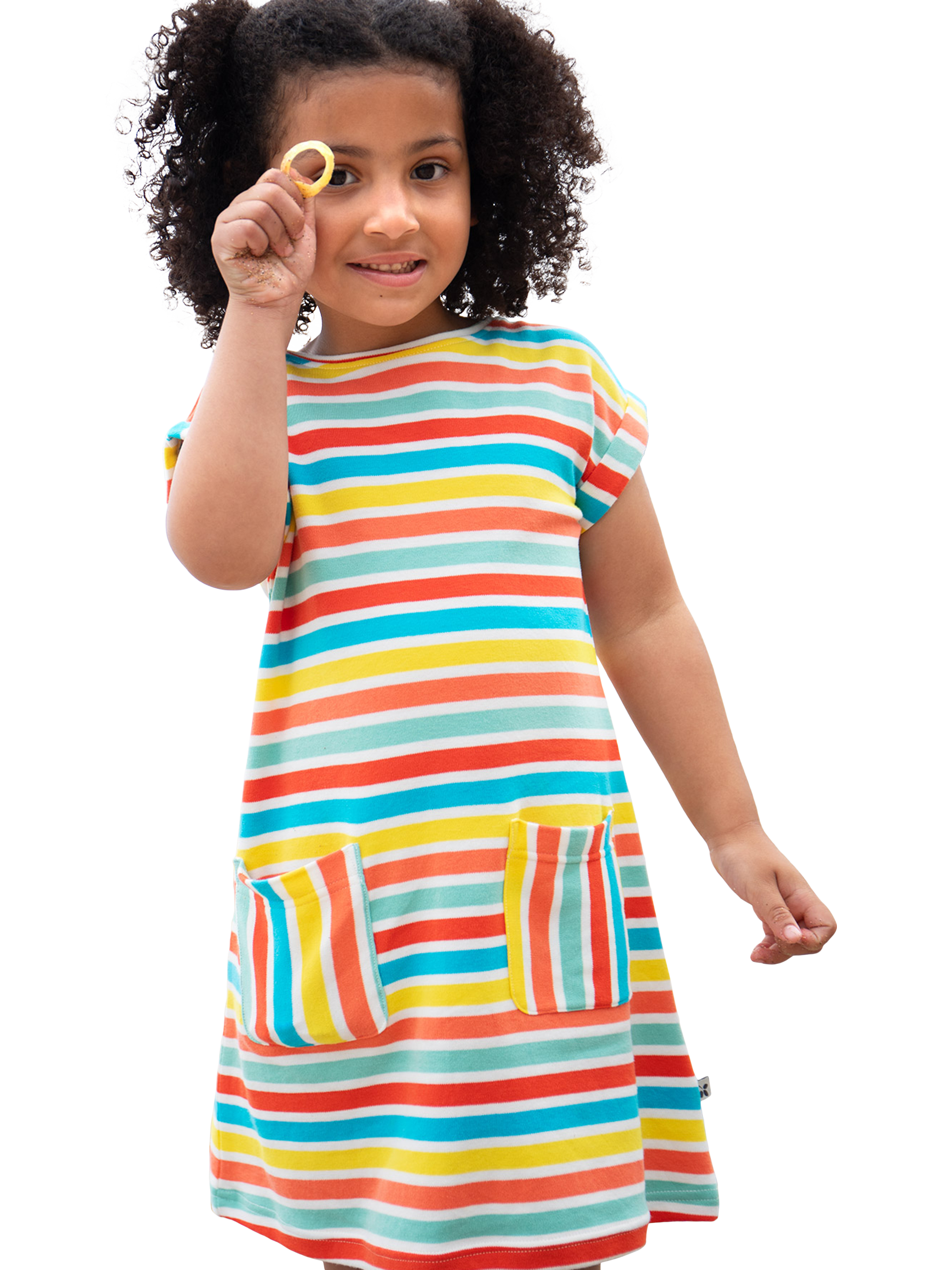 Product image 1 of 6, which shows Frugi Kids' Faye Organic Cotton Stripe Dress , Multi, 2-3 years