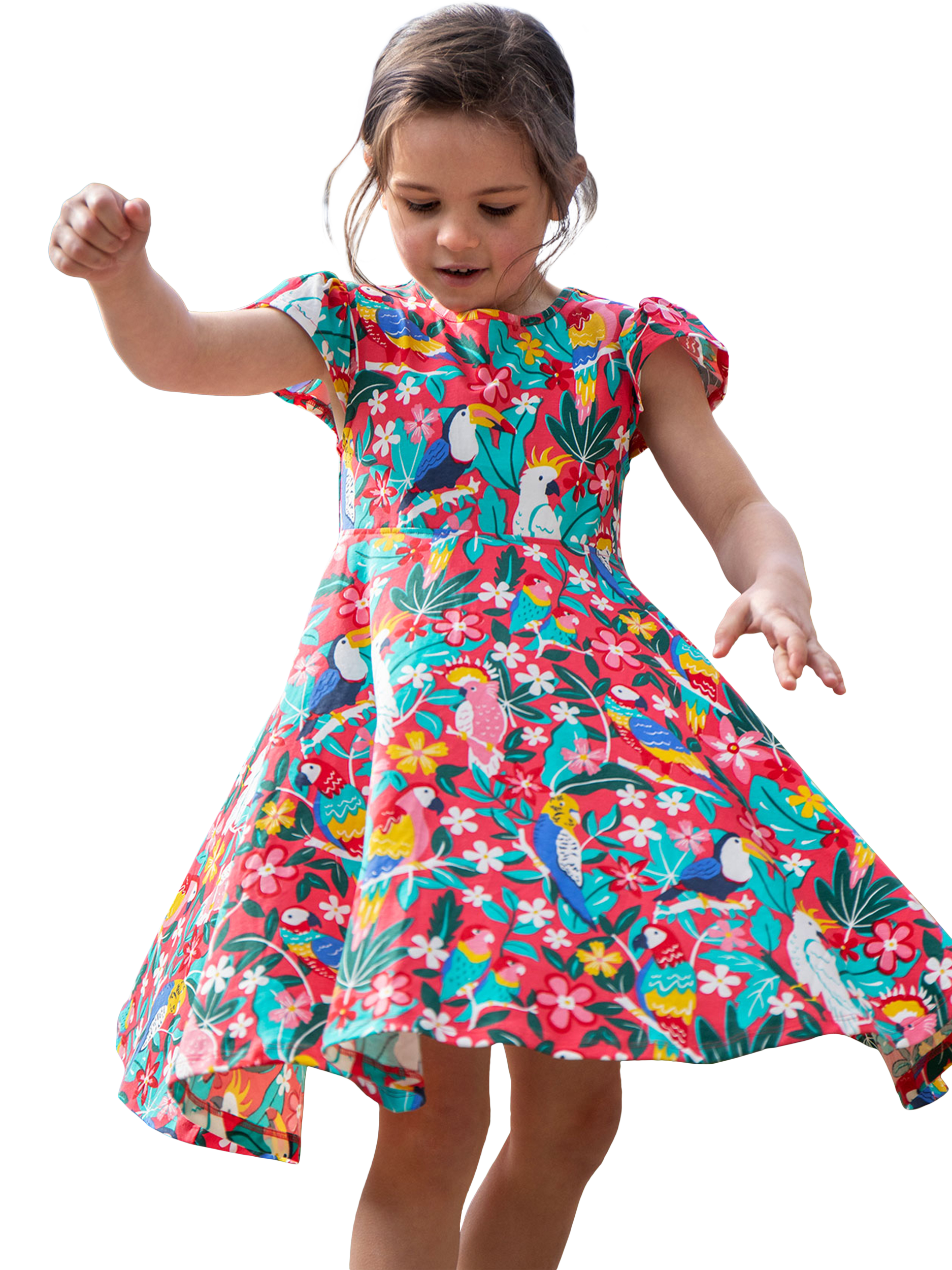 Product image 1 of 5, which shows Frugi Kids' Organic Cotton Paradise Print Dress, Pink, 2-3 years