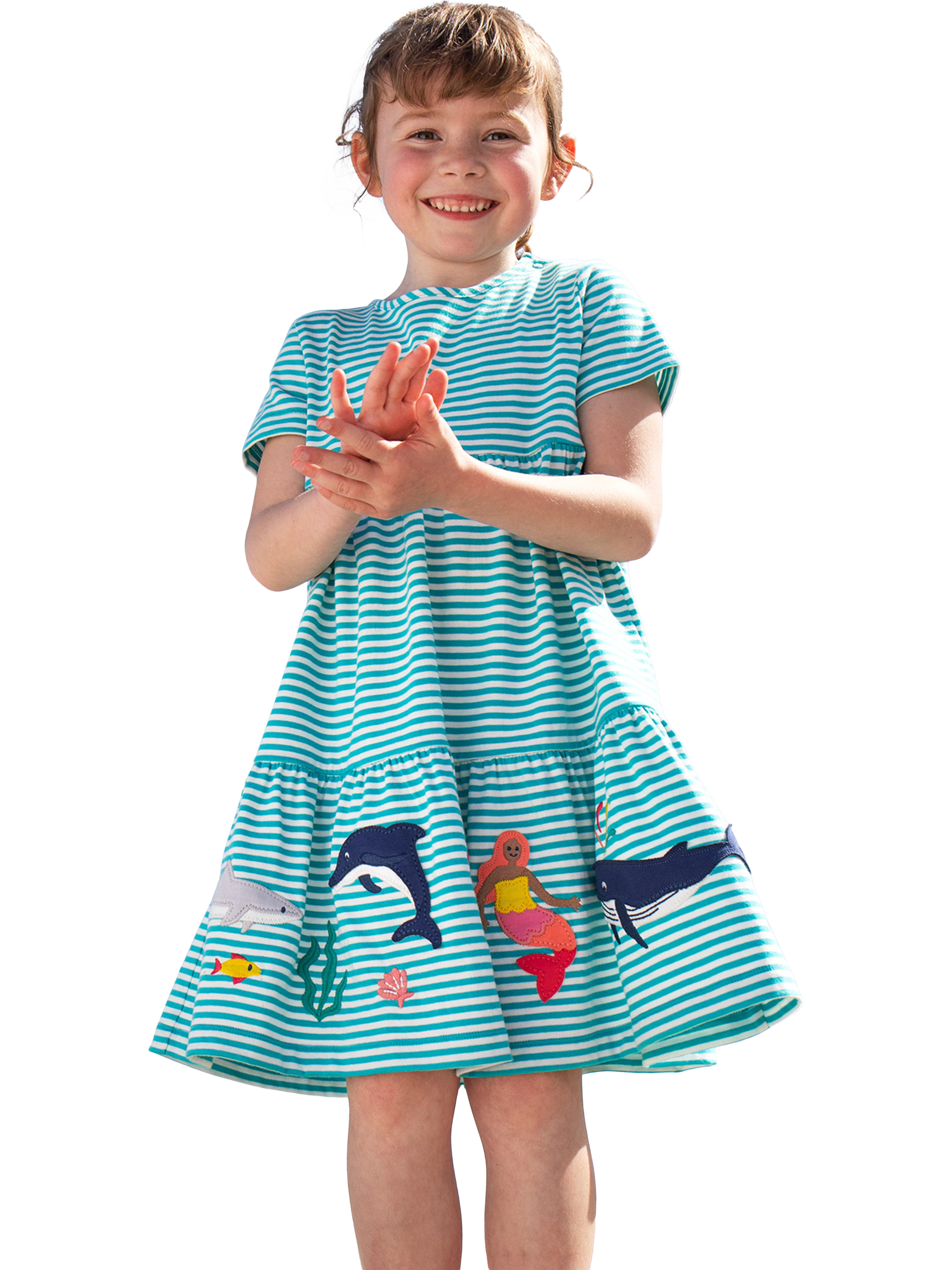 Product image 1 of 5, which shows Frugi Kids' Pixy Stripe Applique Tiered Dress , Blue, 0-3 months