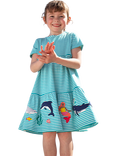 Frugi Kids' Pixy Stripe Applique Tiered Dress, Blue