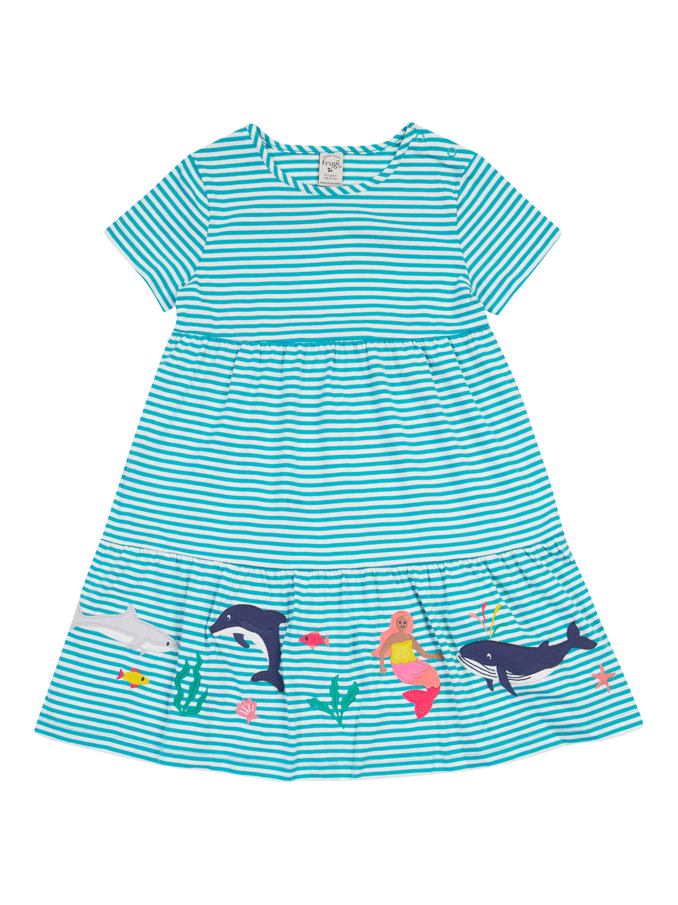 Product image 2 of 5, which shows Frugi Kids' Pixy Stripe Applique Tiered Dress , Blue, 0-3 months