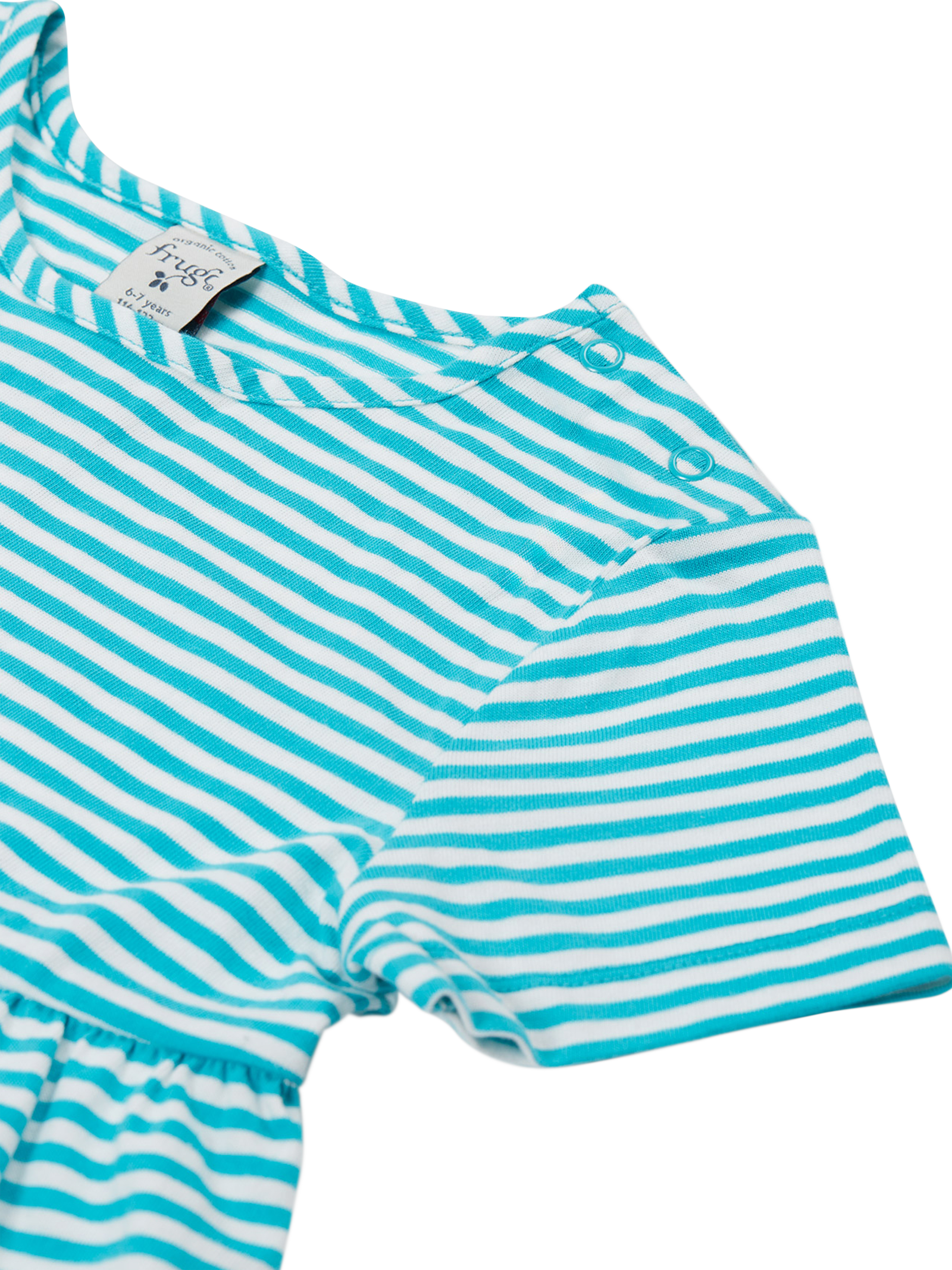 Product image 3 of 5, which shows Frugi Kids' Pixy Stripe Applique Tiered Dress , Blue, 0-3 months