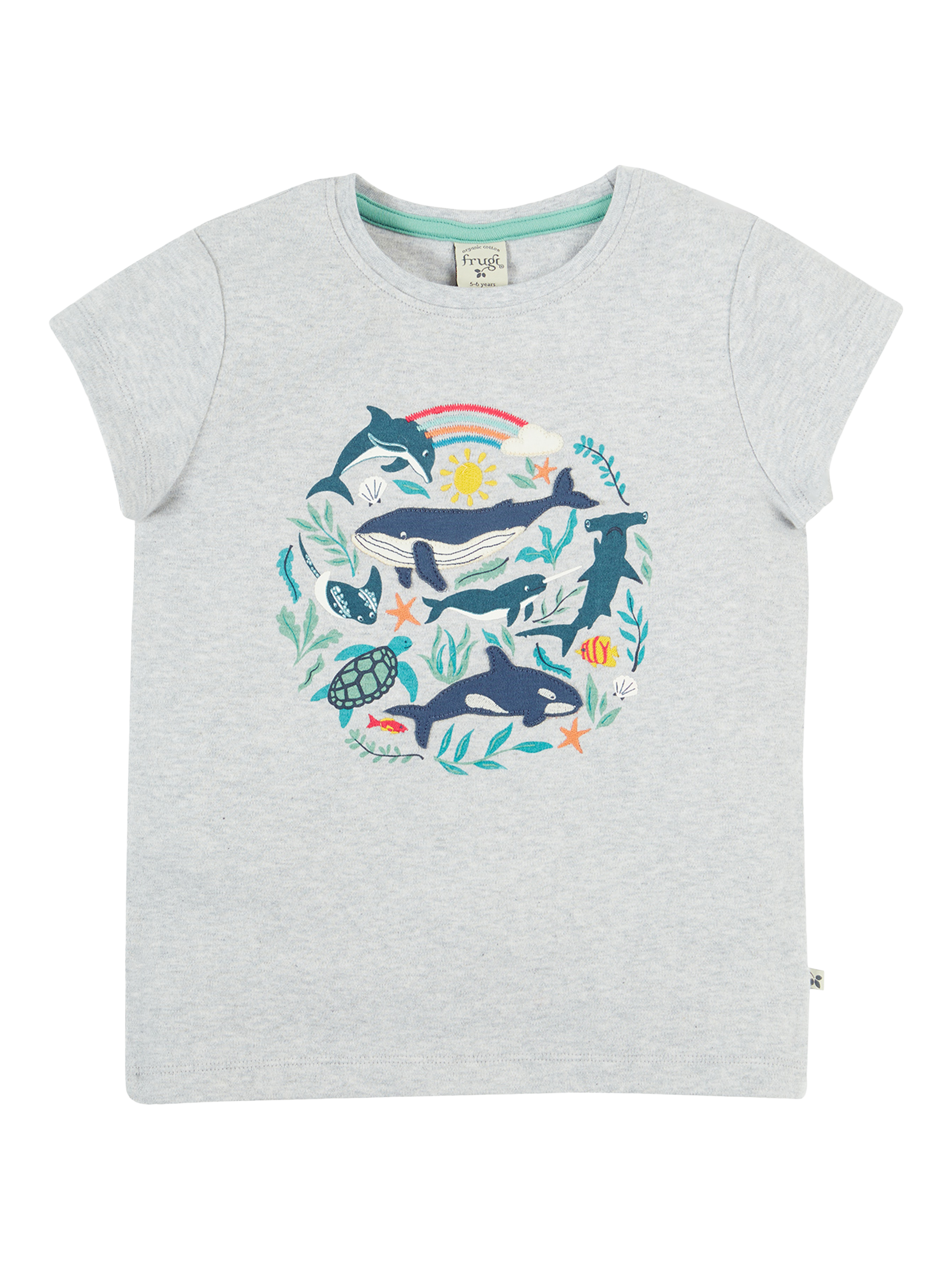 Product image 1 of 4, which shows Frugi Kids' Alice Organic Cotton Applique T-Shirt, Grey Marl/Sea Life, 2-3 years