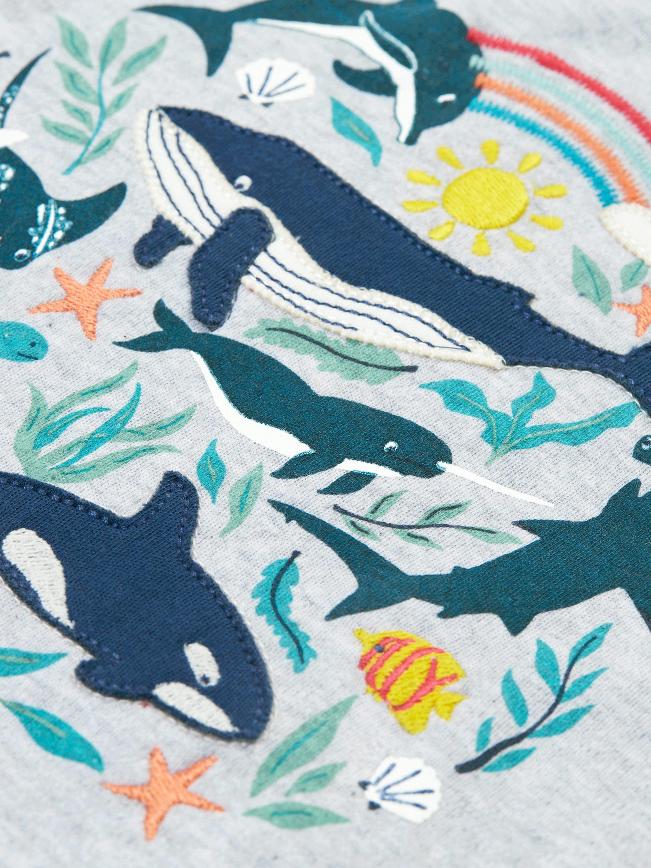 Product image 3 of 4, which shows Frugi Kids' Alice Organic Cotton Applique T-Shirt, Grey Marl/Sea Life, 2-3 years