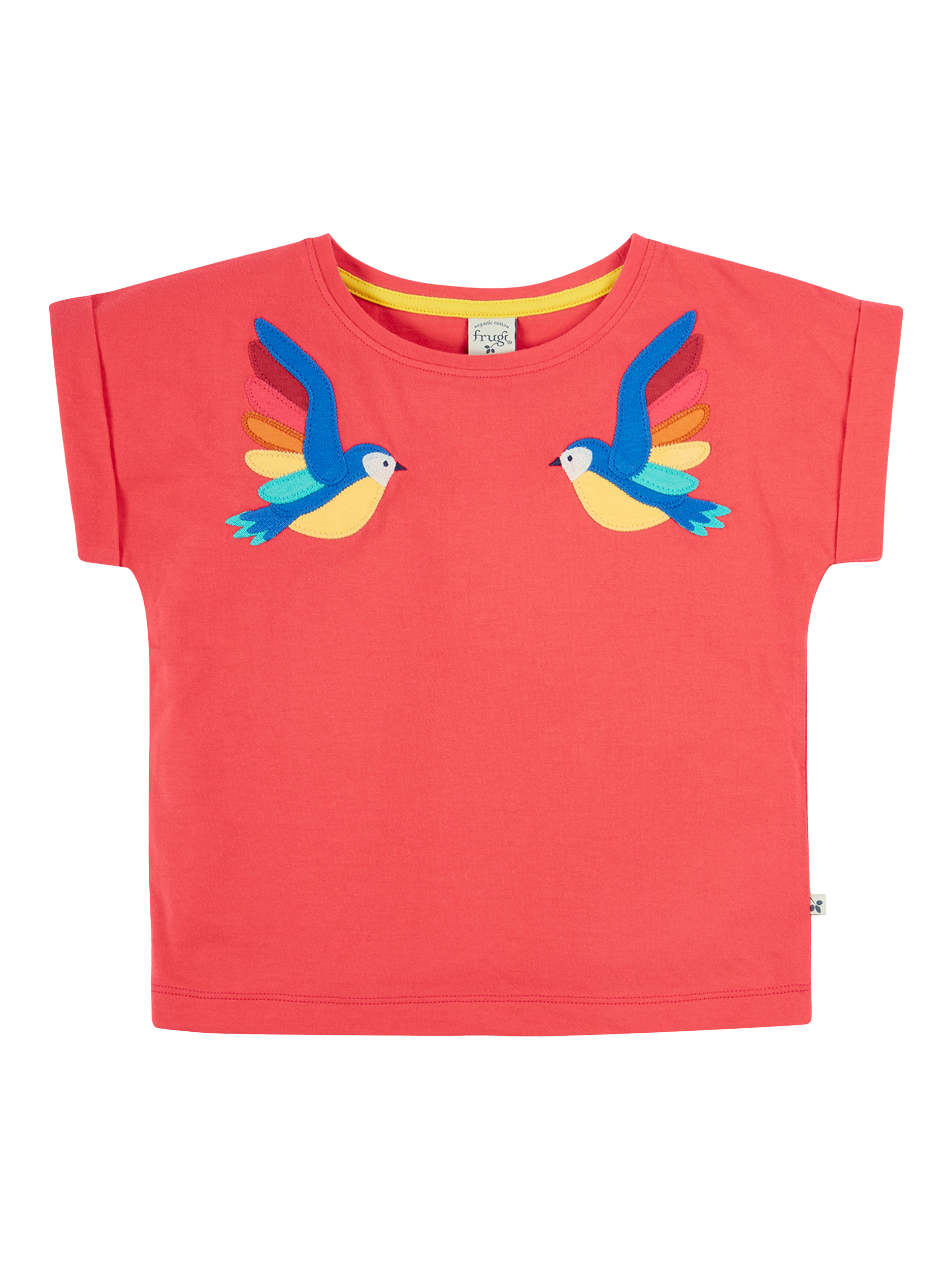 Product image 1 of 4, which shows Frugi Kids' Daisy Organic Cotton Applique T-Shirt, Watermelon/Parrots, 2-3 years