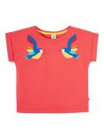 Frugi Kids' Daisy Organic Cotton Applique T-Shirt, Watermelon/Parrots