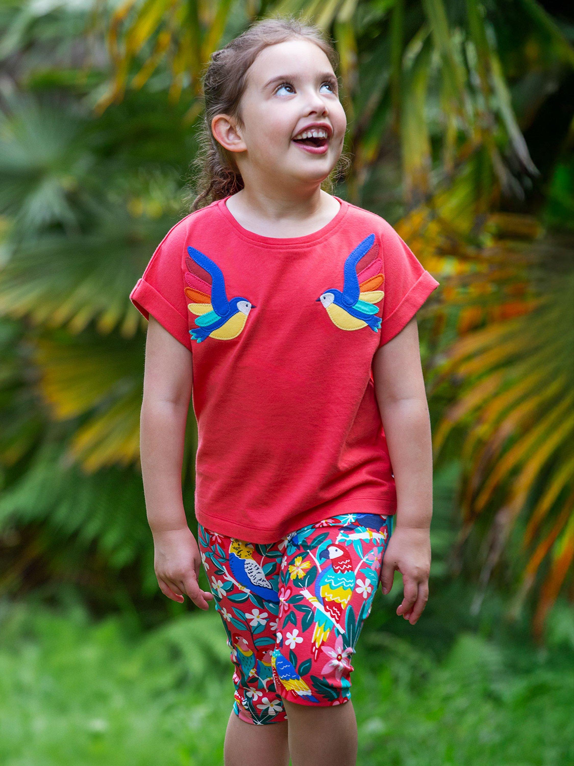 Product image 2 of 4, which shows Frugi Kids' Daisy Organic Cotton Applique T-Shirt, Watermelon/Parrots, 2-3 years