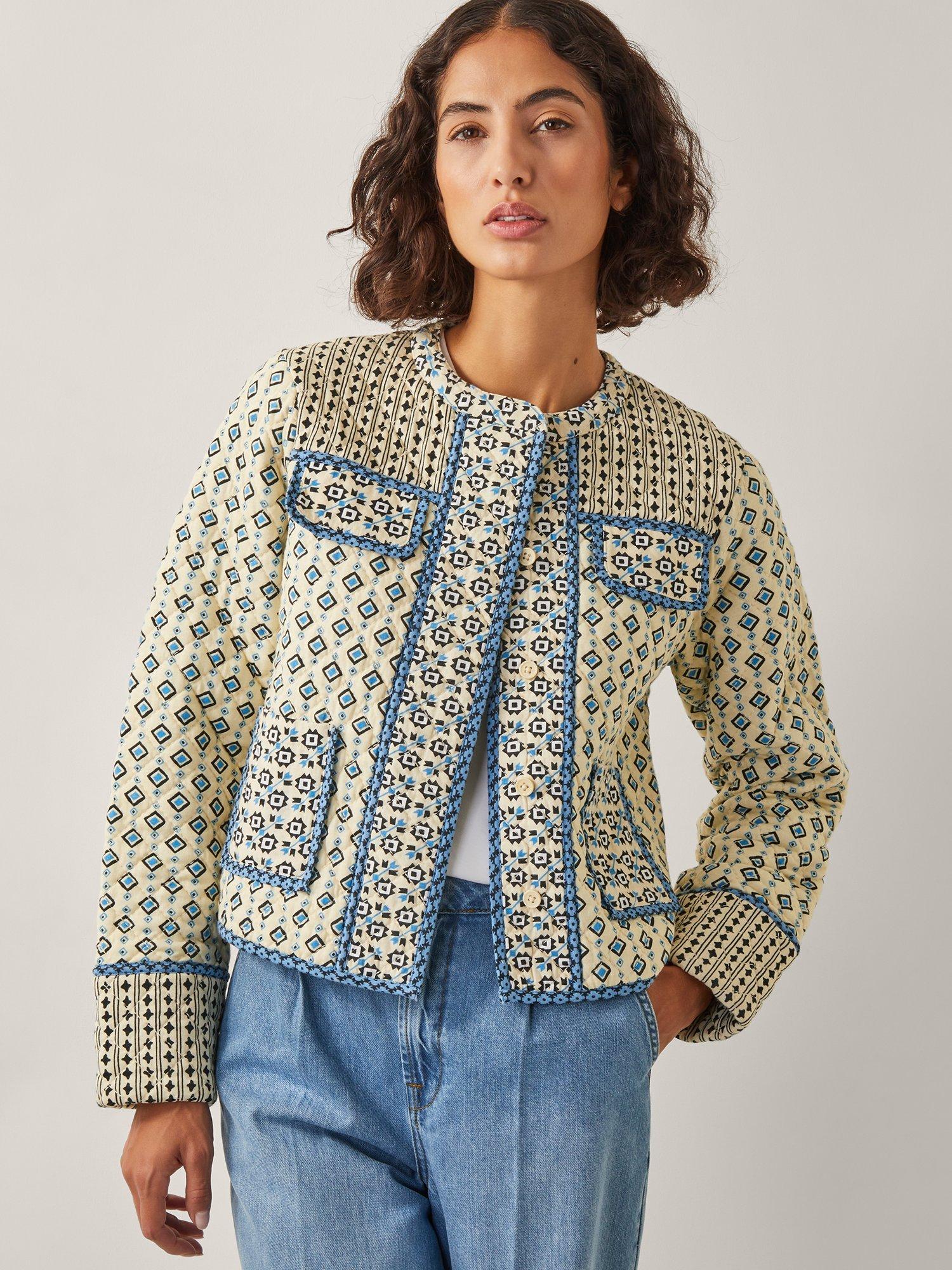 Product image 1 of 5, which shows Monsoon Judy Geometric Quilted Jacket, Ivory, S