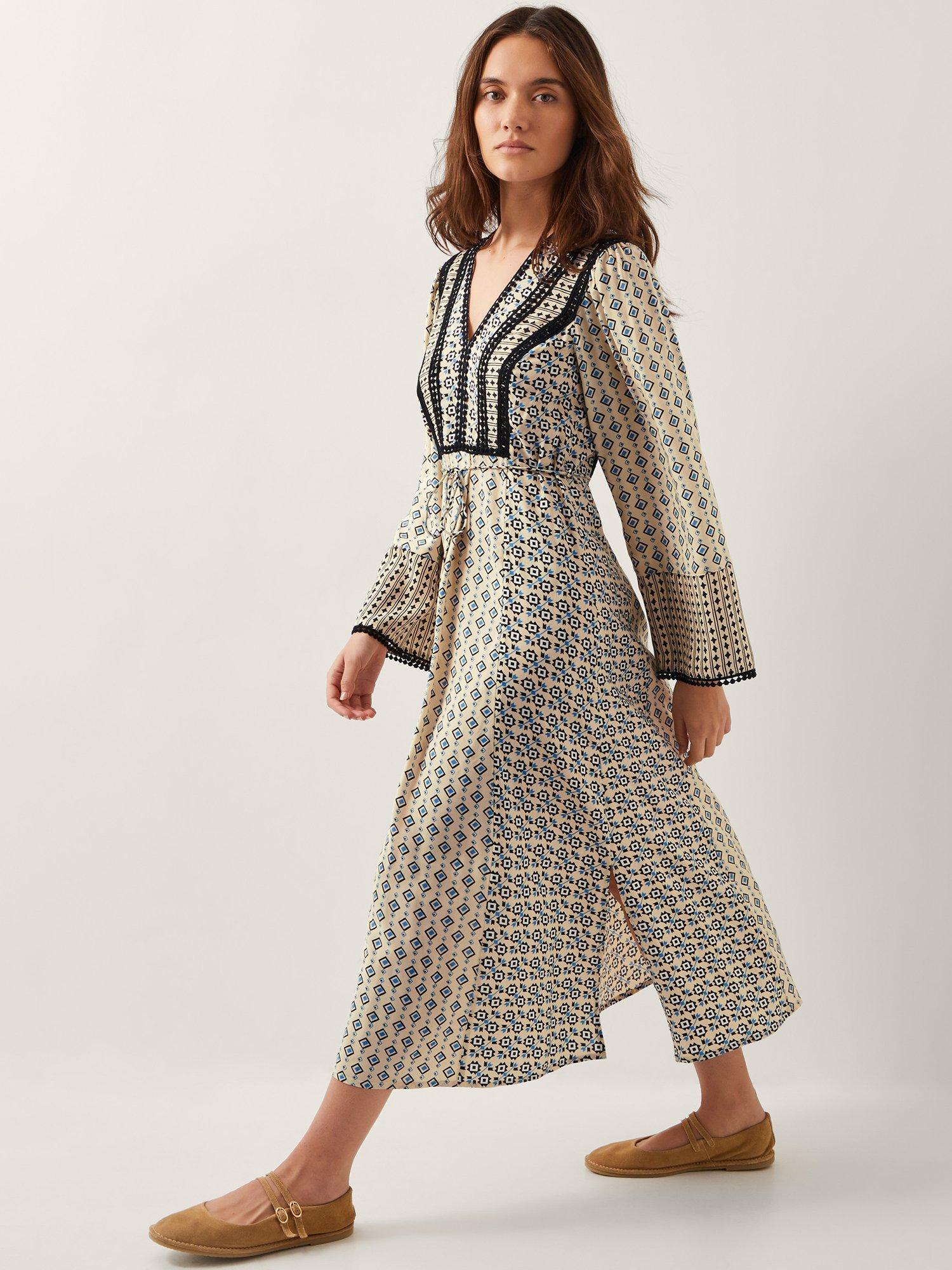 Product image 1 of 4, which shows Monsoon Jemmie Print Long Sleeve Midi Dress, Ivory/Multi, S