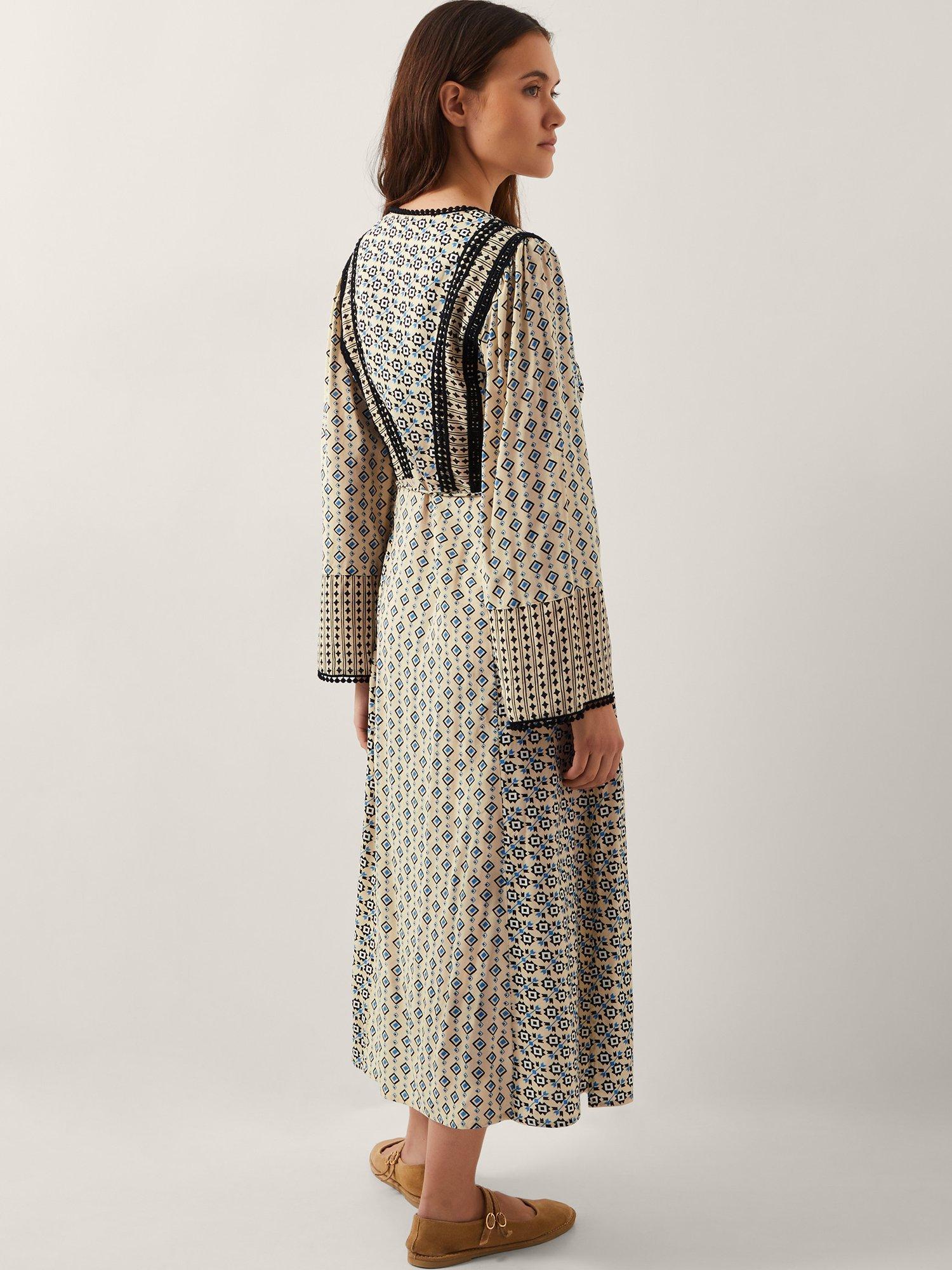 Product image 2 of 4, which shows Monsoon Jemmie Print Long Sleeve Midi Dress, Ivory/Multi, S