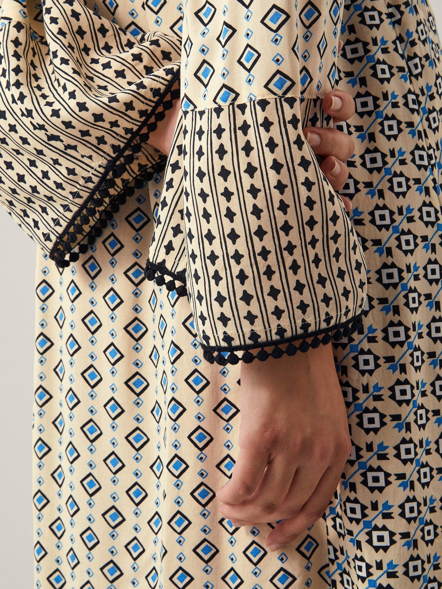 Product image 4 of 4, which shows Monsoon Jemmie Print Long Sleeve Midi Dress, Ivory/Multi, S