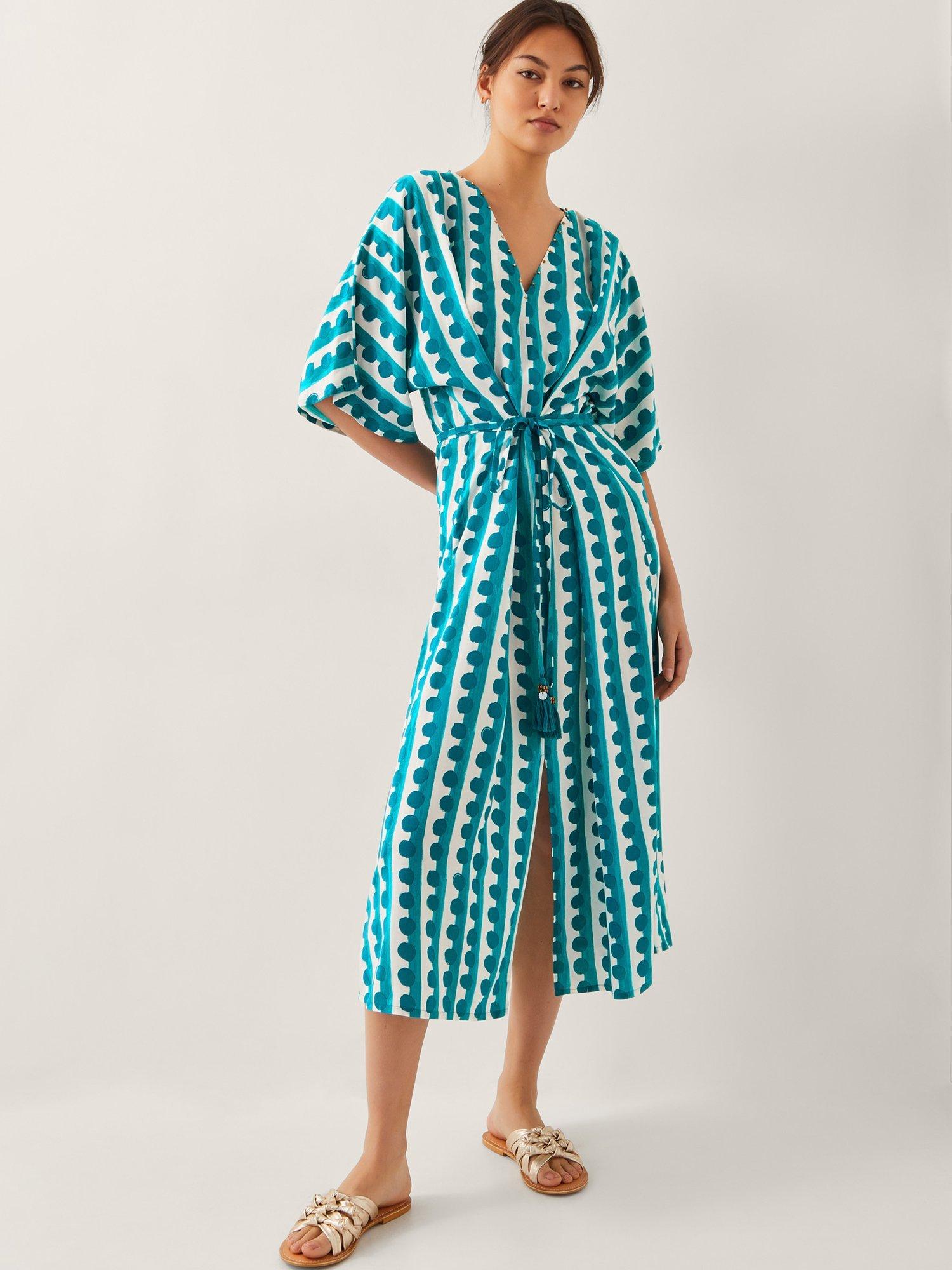 Product image 1 of 4, which shows Monsoon Indah Kaftan Dress, Turquoise, S