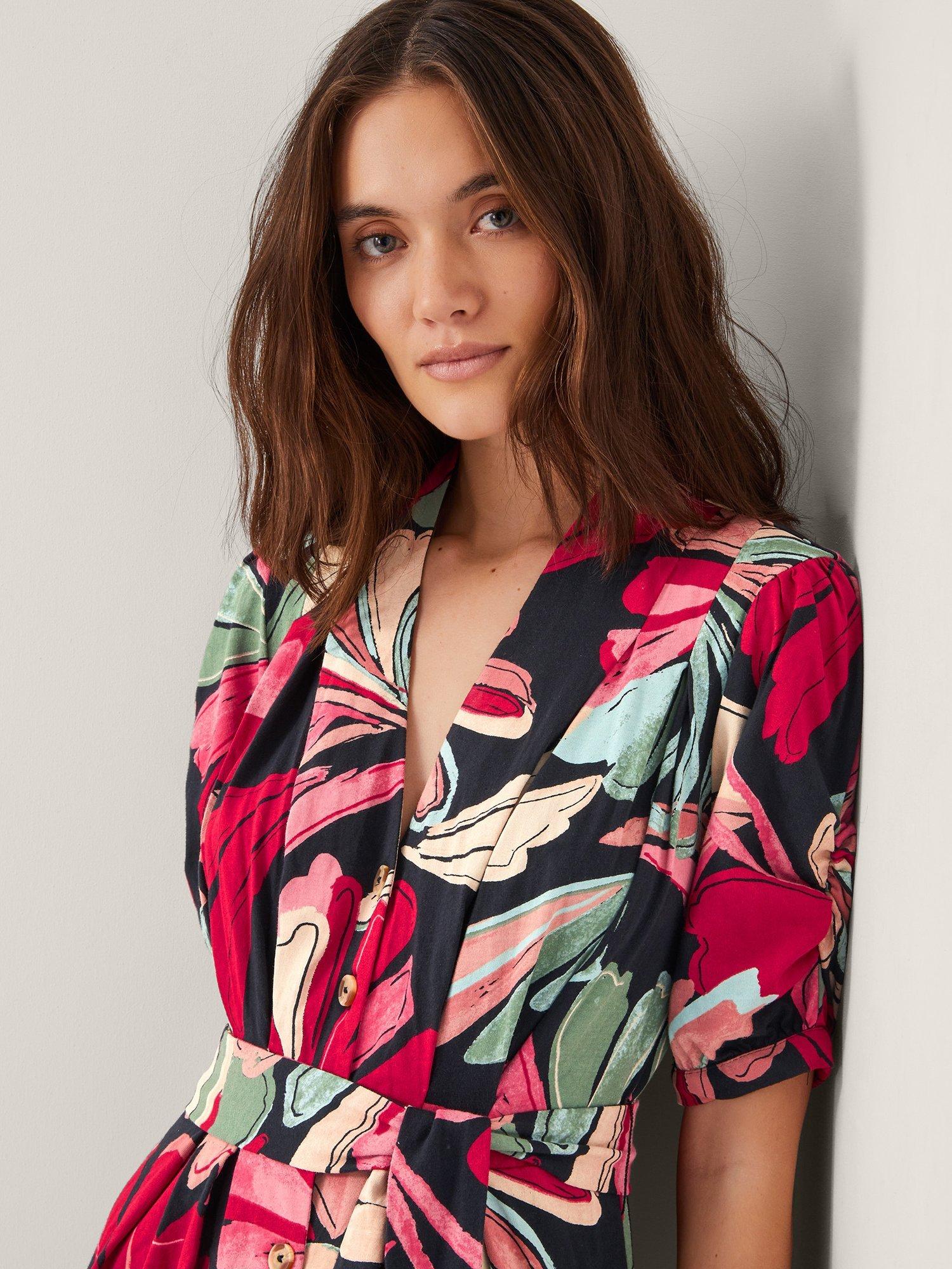 Product image 4 of 11, which shows Monsoon Jemima Shirt Dress, Red/Multi, S