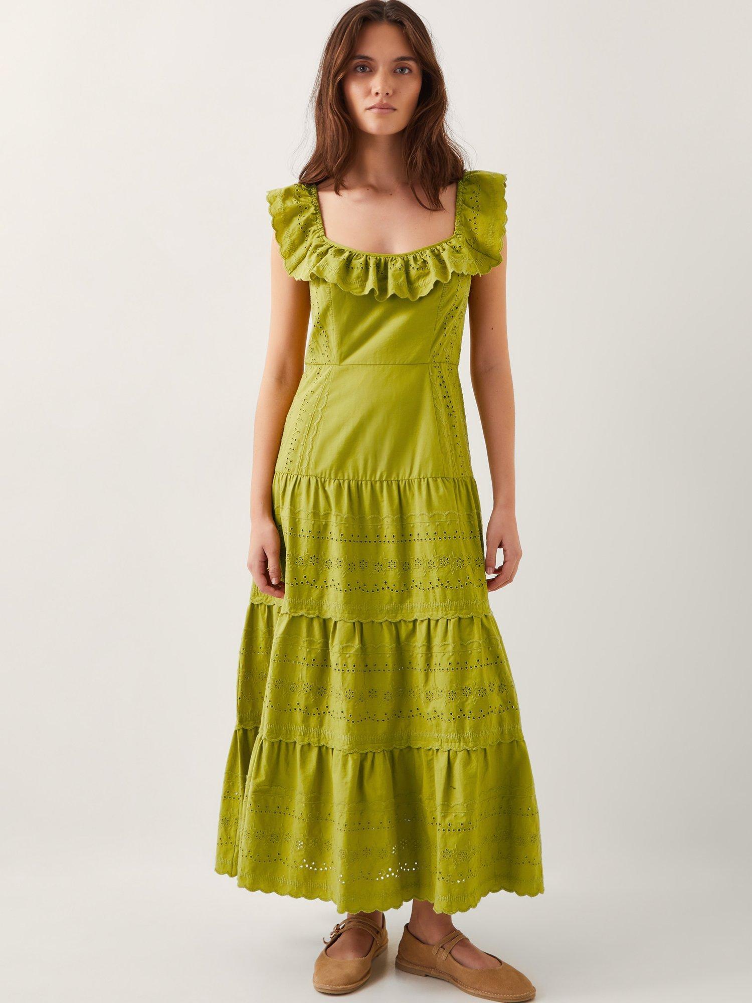 Product image 1 of 4, which shows Monsoon Lucy Broderie Frill Midi Dress, Green, 8