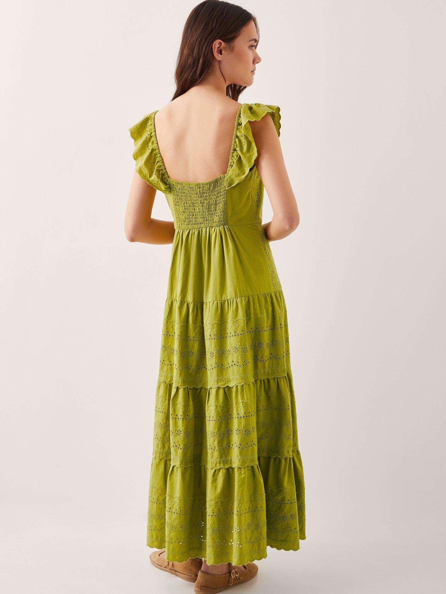 Product image 2 of 4, which shows Monsoon Lucy Broderie Frill Midi Dress, Green, 8