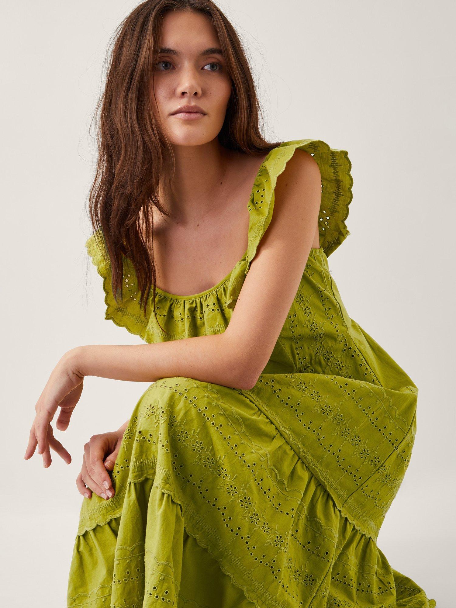 Product image 3 of 4, which shows Monsoon Lucy Broderie Frill Midi Dress, Green, 8
