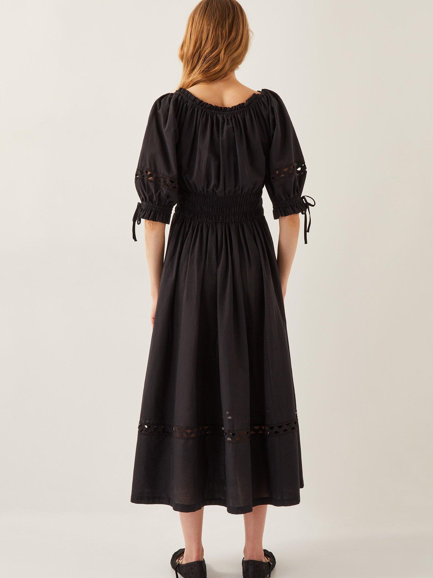 Product image 2 of 5, which shows Monsoon Riley Cotton Embroidered Midi Dress, Black, M