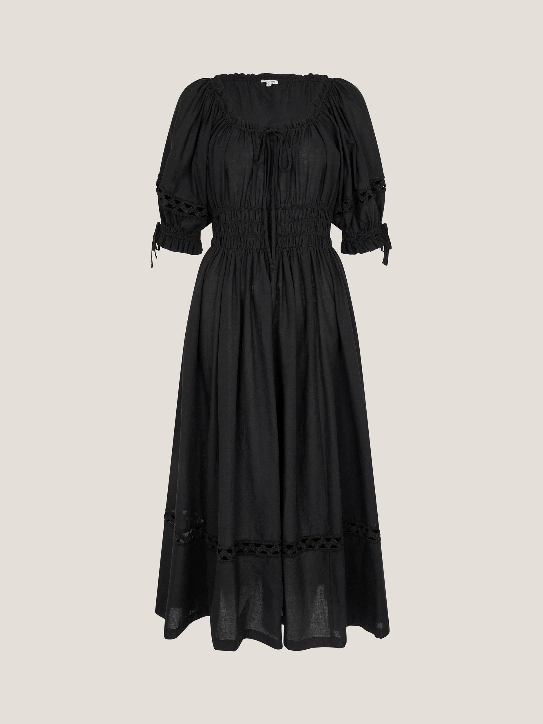 Product image 3 of 5, which shows Monsoon Riley Cotton Embroidered Midi Dress, Black, M