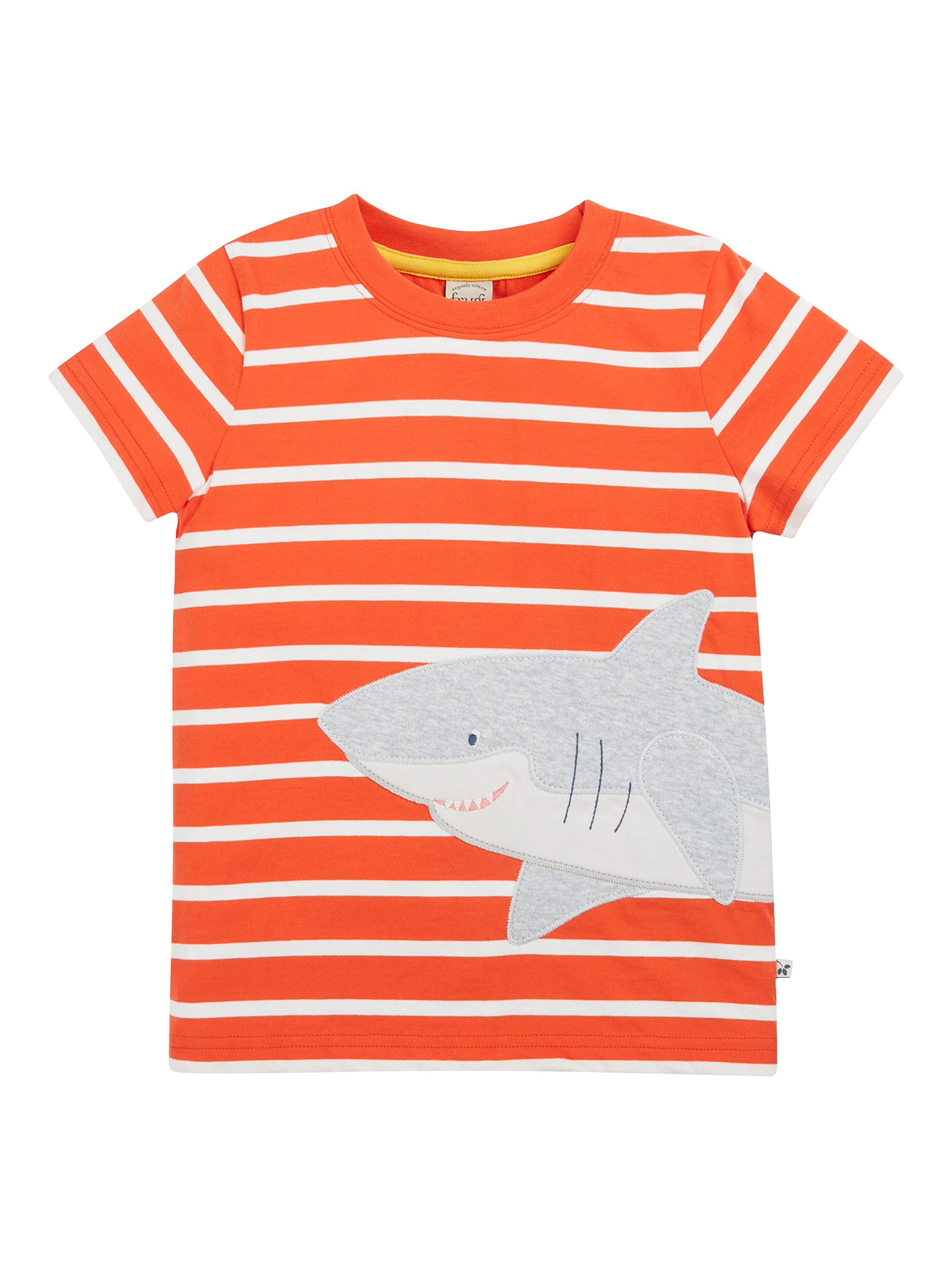 Product image 1 of 4, which shows Frugi Kids' Elijah Organic Cotton Stripe Shark Applique T-Shirt, Orange Mid, 2-3 years