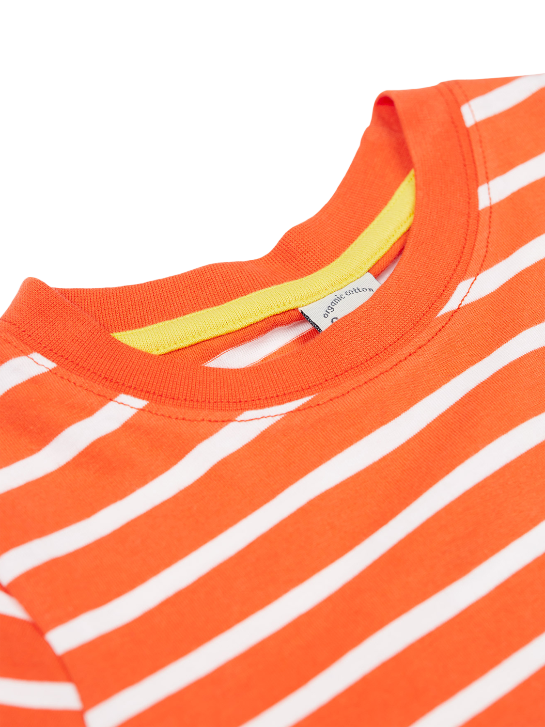 Product image 4 of 4, which shows Frugi Kids' Elijah Organic Cotton Stripe Shark Applique T-Shirt, Orange Mid, 2-3 years
