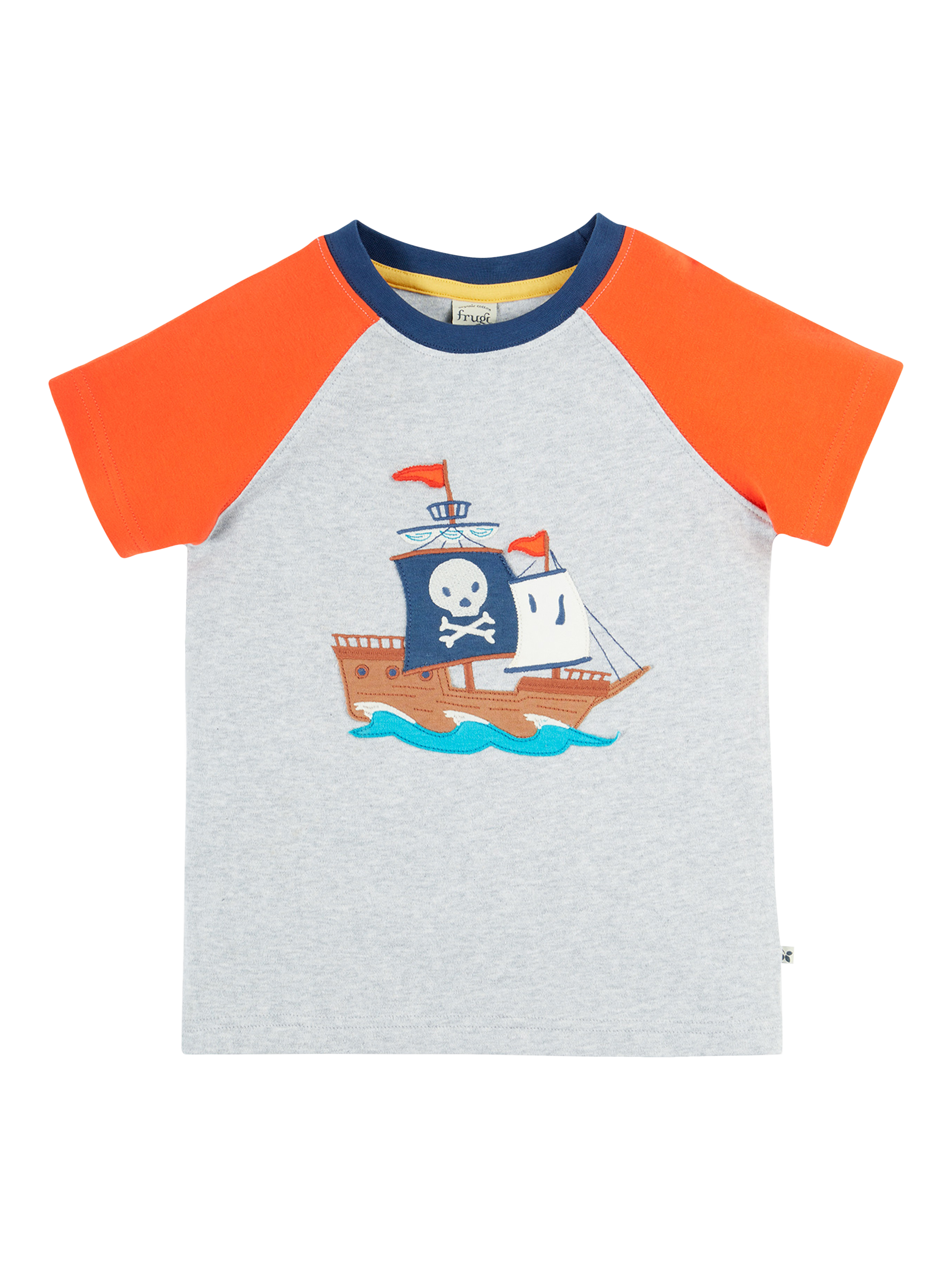 Product image 1 of 4, which shows Frugi Kids' Renny Organic Cotton Raglan Sleeve Applique T-Shirt, Grey Mid, 2-3 years